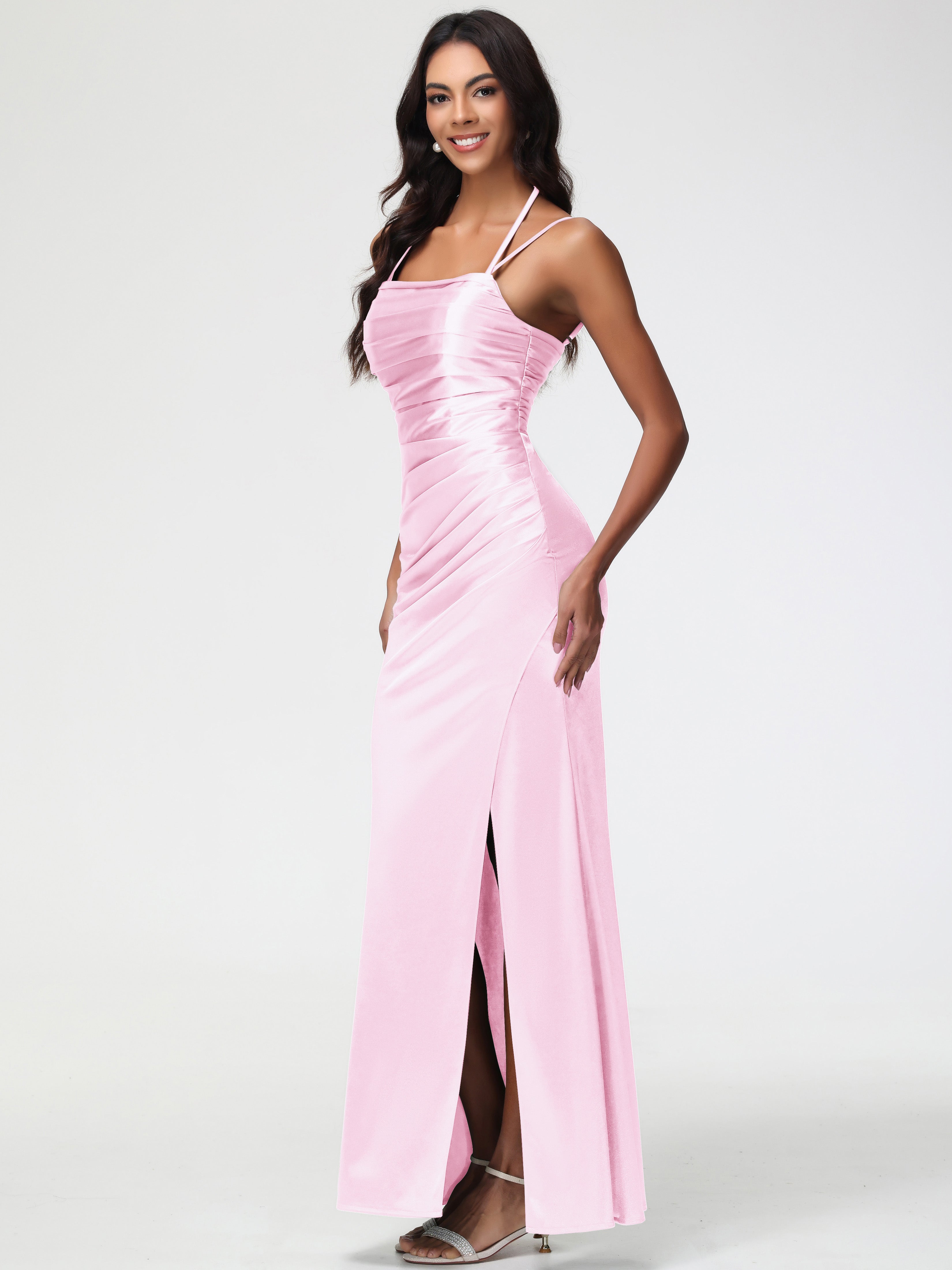 Robe De Demoiselle D Honneur Rose Pale Col Bénitier Satin Extensible Fendue Robe De Demoiselle D'Honneur À Fines Bretelles