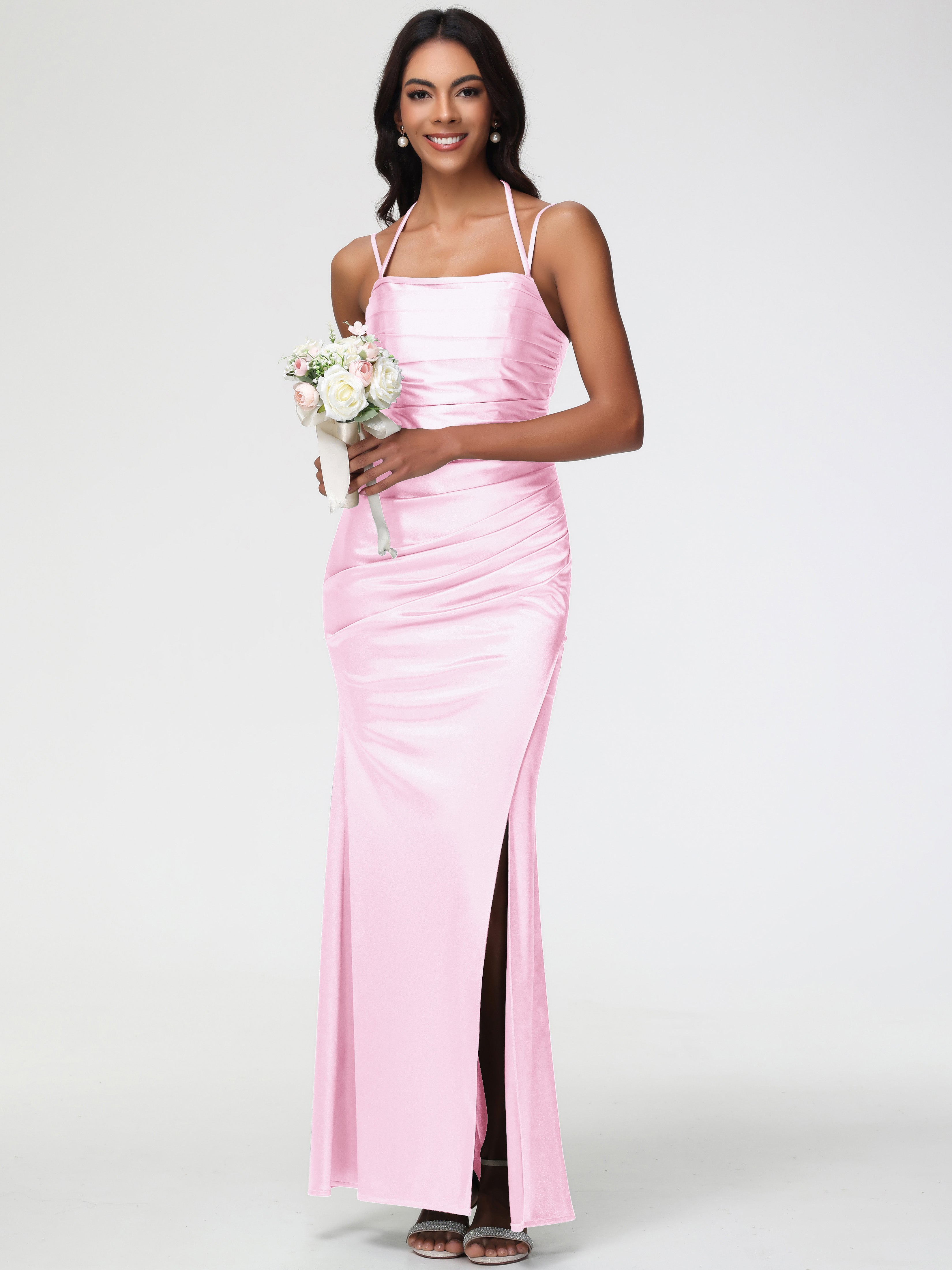 Robe De Demoiselle D Honneur Rose Pale Col Bénitier Satin Extensible Fendue Robe De Demoiselle D'Honneur À Fines Bretelles