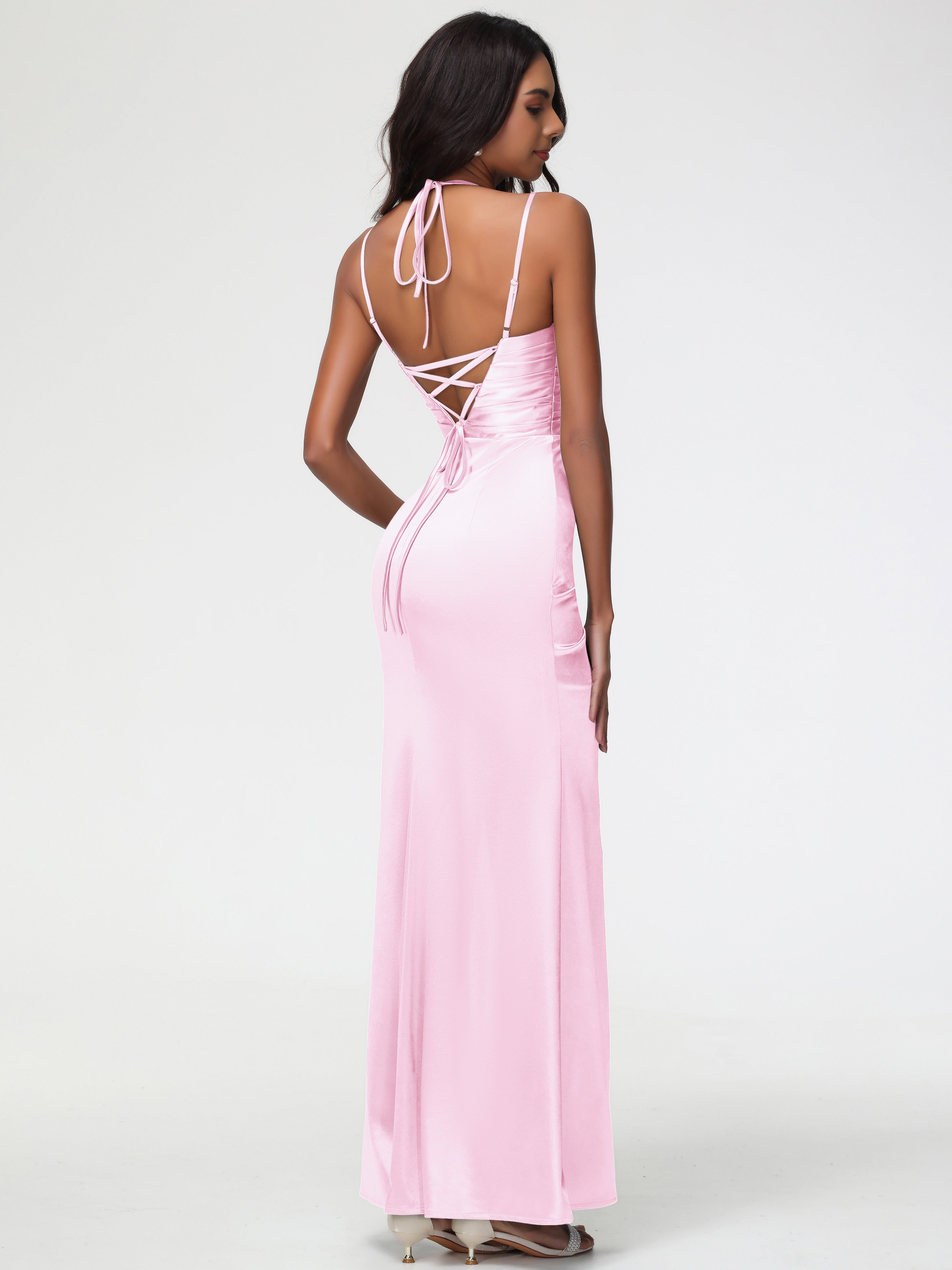 Robe De Demoiselle D Honneur Rose Pale Col Bénitier Satin Extensible Fendue Robe De Demoiselle D'Honneur À Fines Bretelles