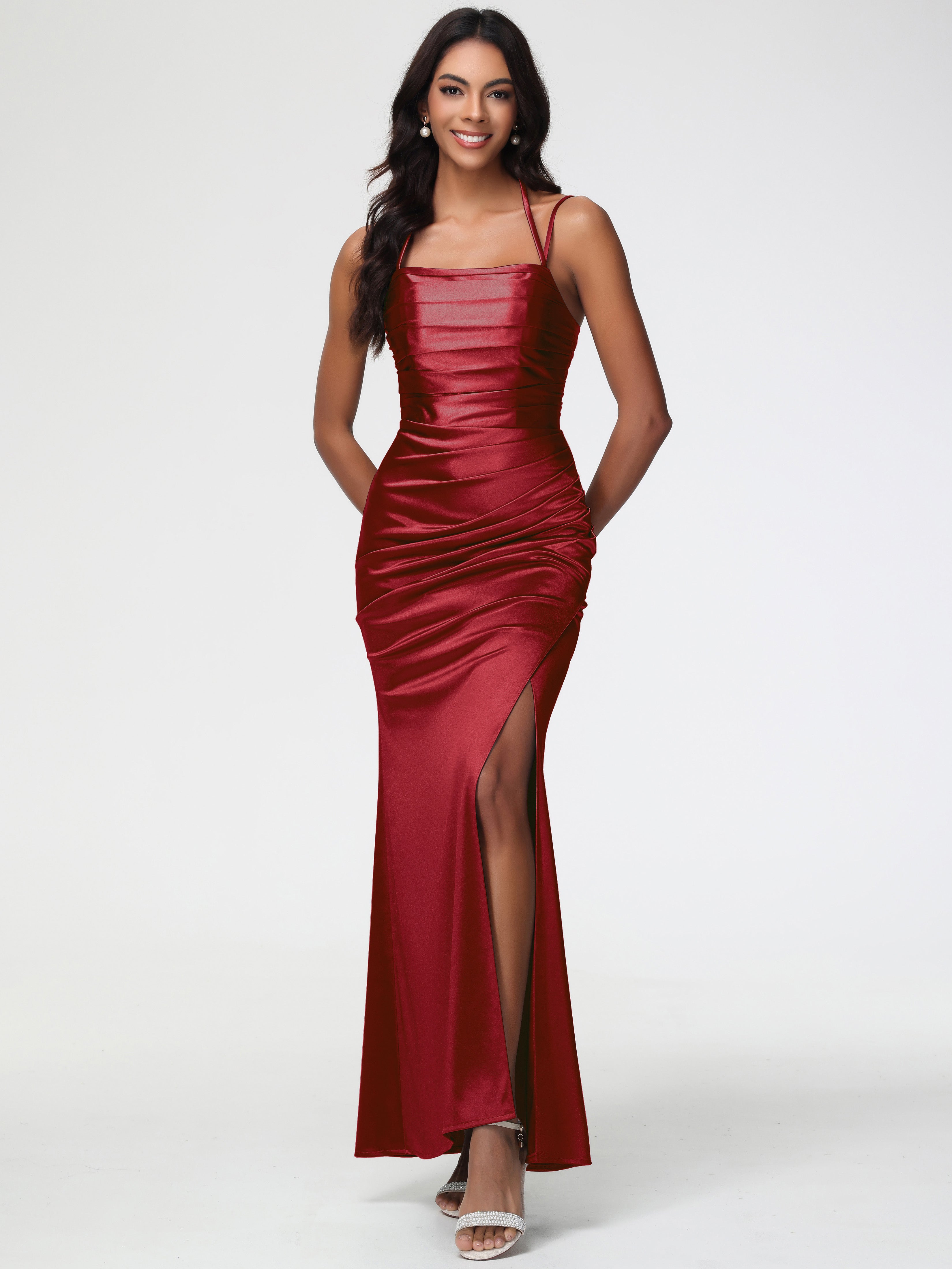 Robe Bordeaux Mariage Demoiselle D Honneur Col Bénitier Satin Extensible Fendue Robe De Demoiselle D'Honneur À Fines Bretelles