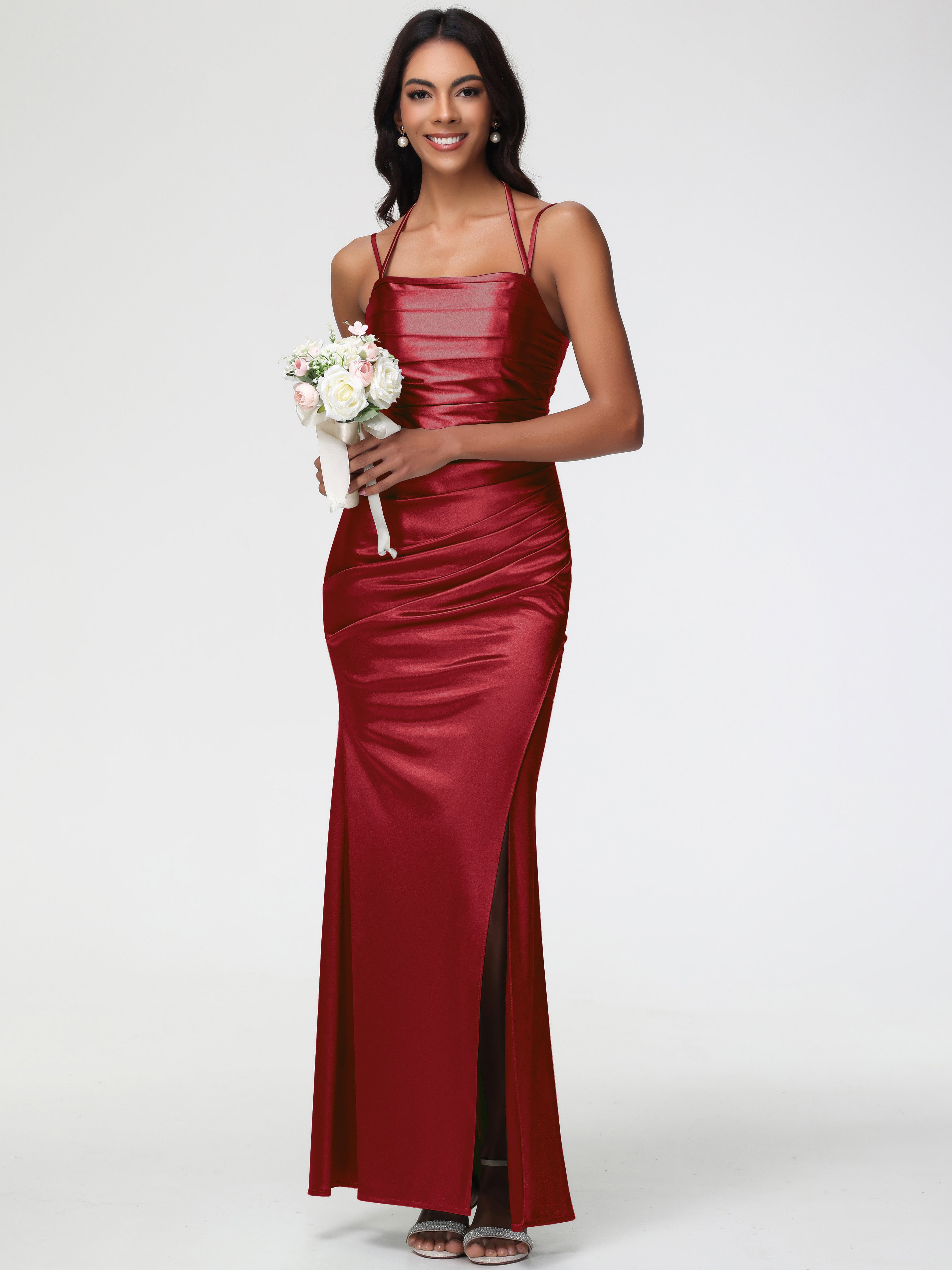 Robe Bordeaux Mariage Demoiselle D Honneur Col Bénitier Satin Extensible Fendue Robe De Demoiselle D'Honneur À Fines Bretelles