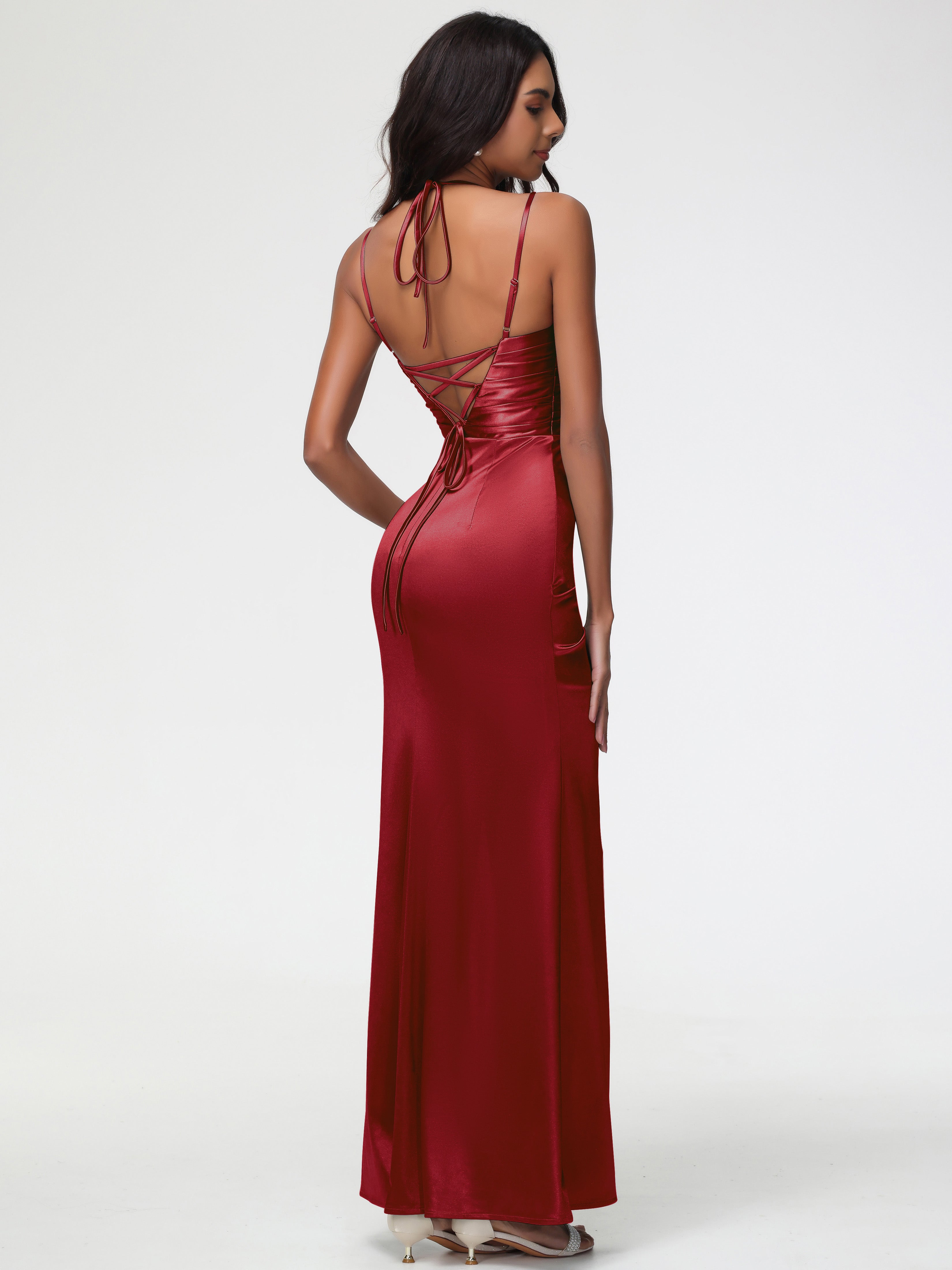 Robe Bordeaux Mariage Demoiselle D Honneur Col Bénitier Satin Extensible Fendue Robe De Demoiselle D'Honneur À Fines Bretelles