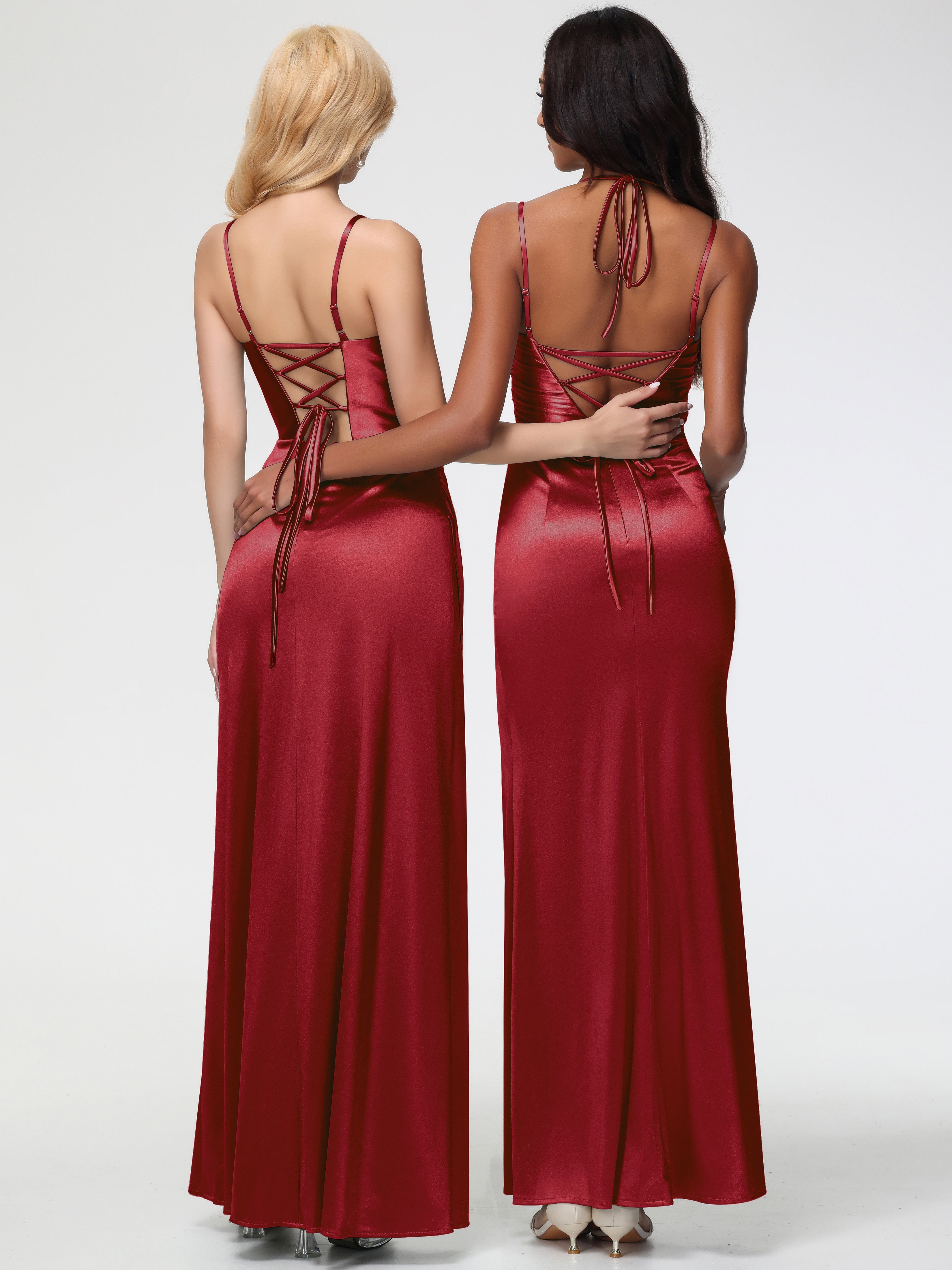 Robe Bordeaux Mariage Demoiselle D Honneur Col Bénitier Satin Extensible Fendue Robe De Demoiselle D'Honneur À Fines Bretelles