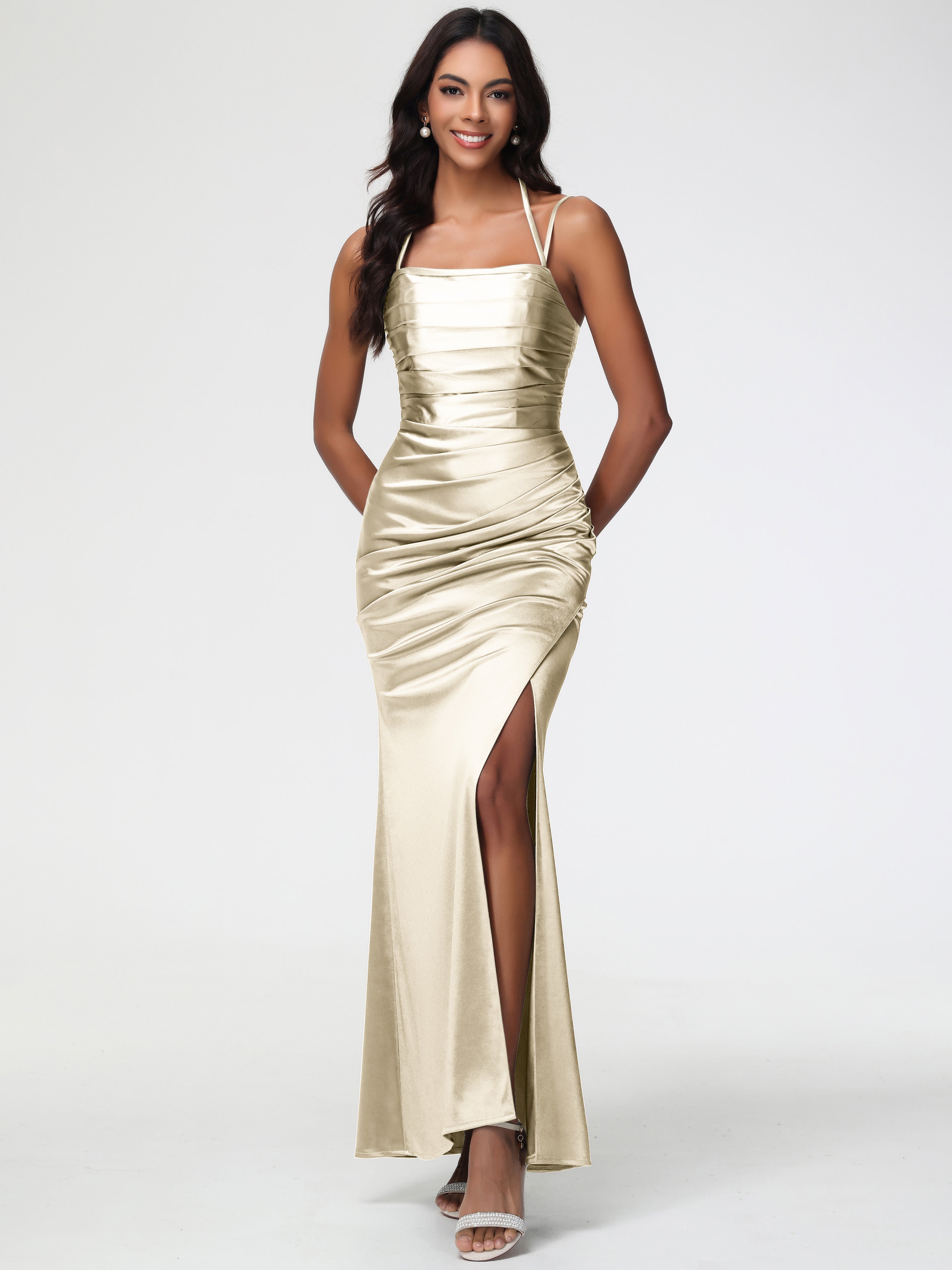 Robe Demoiselle D Honneur Couleur Champagne Col Bénitier Satin Extensible Fendue Robe De Demoiselle D'Honneur À Fines Bretelles