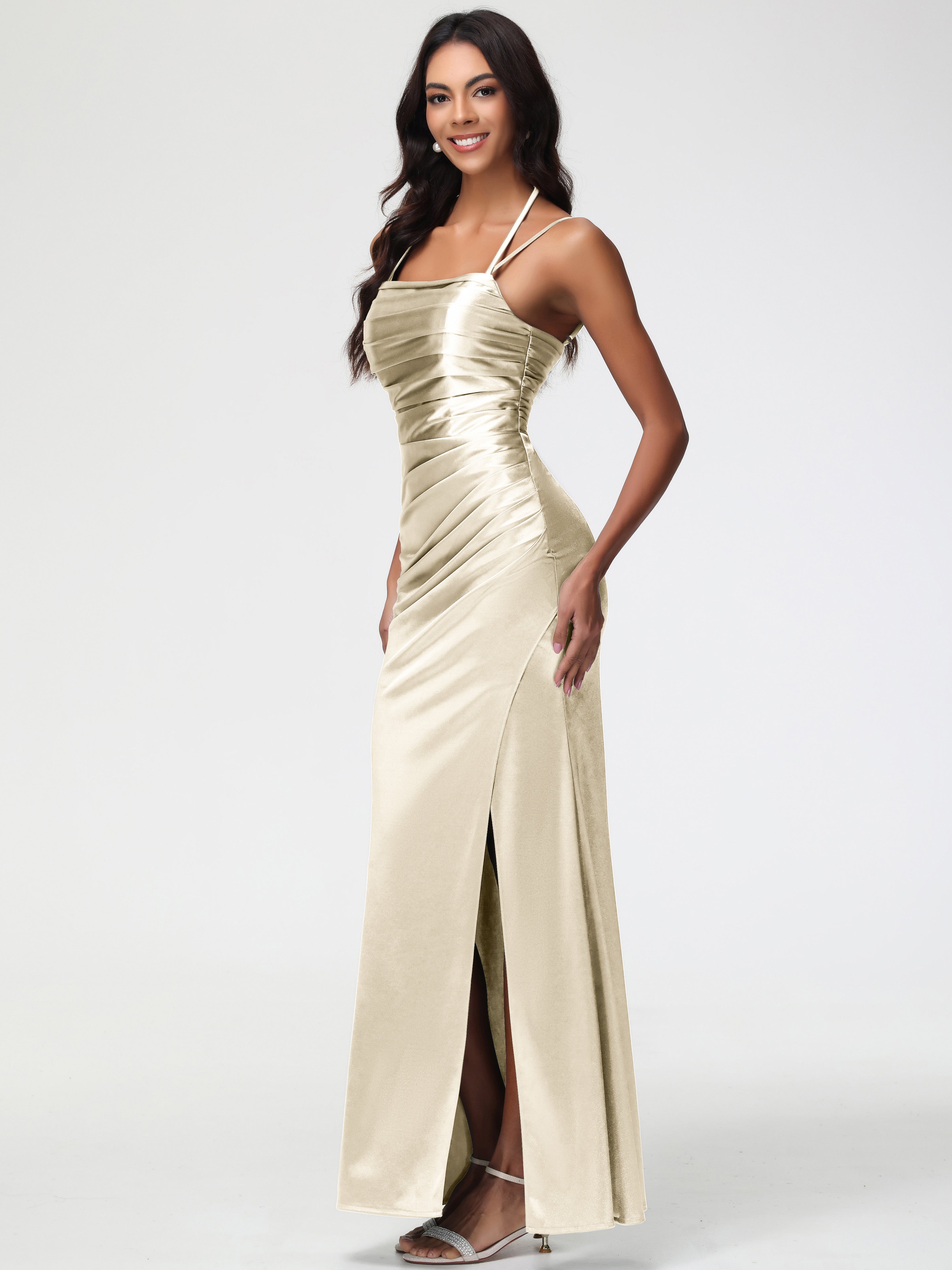 Robe Demoiselle D Honneur Couleur Champagne Col Bénitier Satin Extensible Fendue Robe De Demoiselle D'Honneur À Fines Bretelles