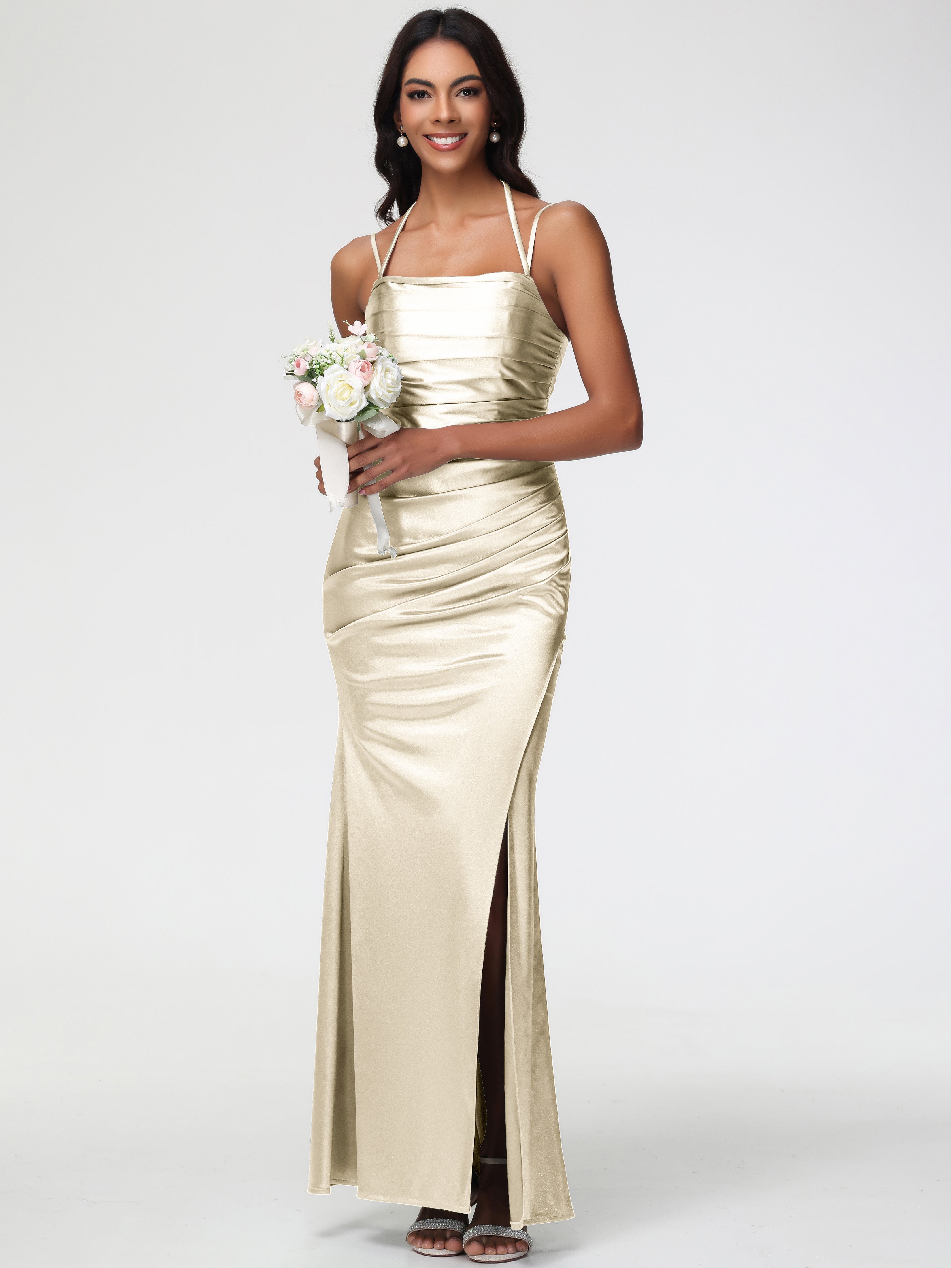 Robe Demoiselle D Honneur Couleur Champagne Col Bénitier Satin Extensible Fendue Robe De Demoiselle D'Honneur À Fines Bretelles