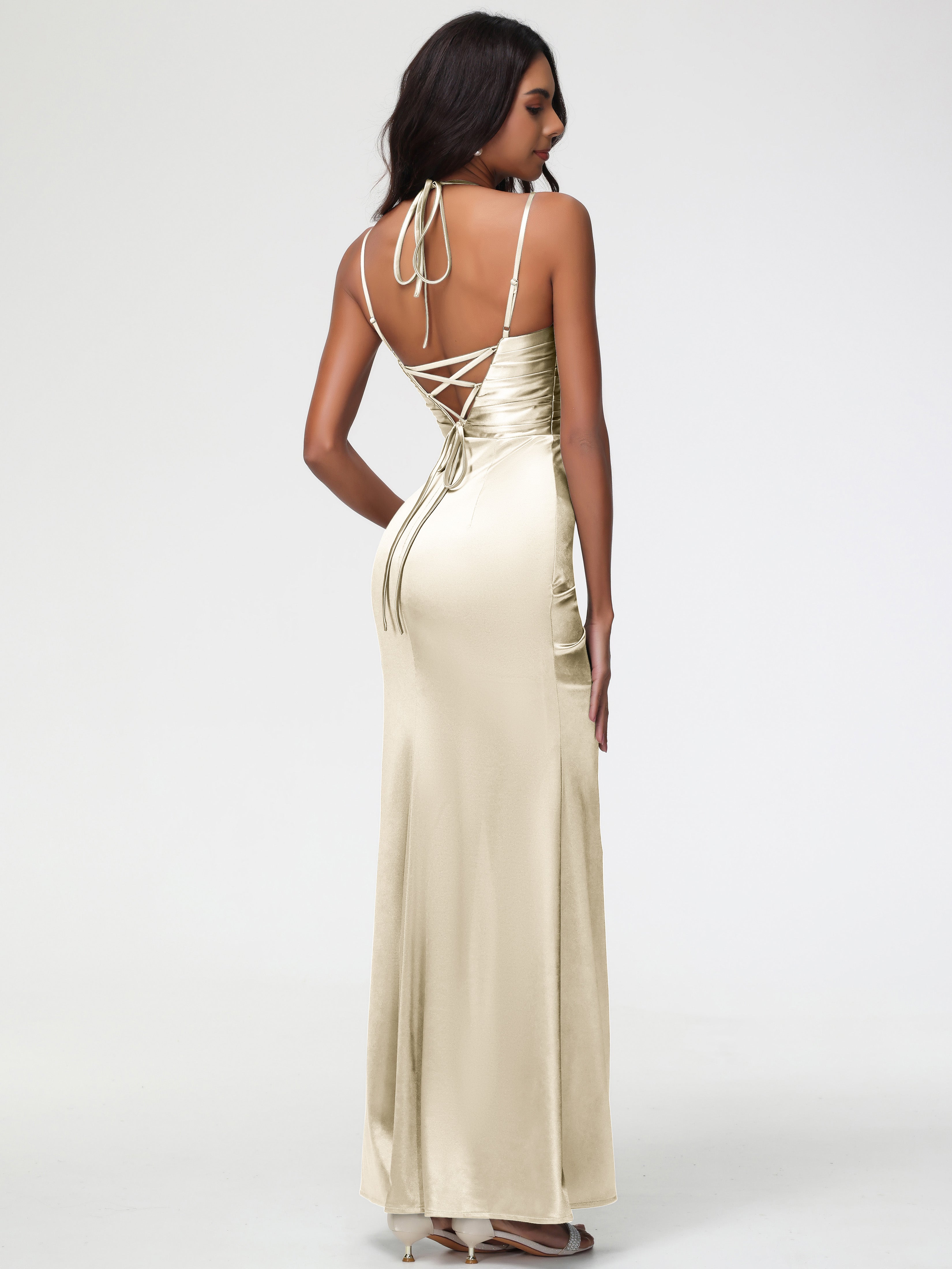 Robe Demoiselle D Honneur Couleur Champagne Col Bénitier Satin Extensible Fendue Robe De Demoiselle D'Honneur À Fines Bretelles