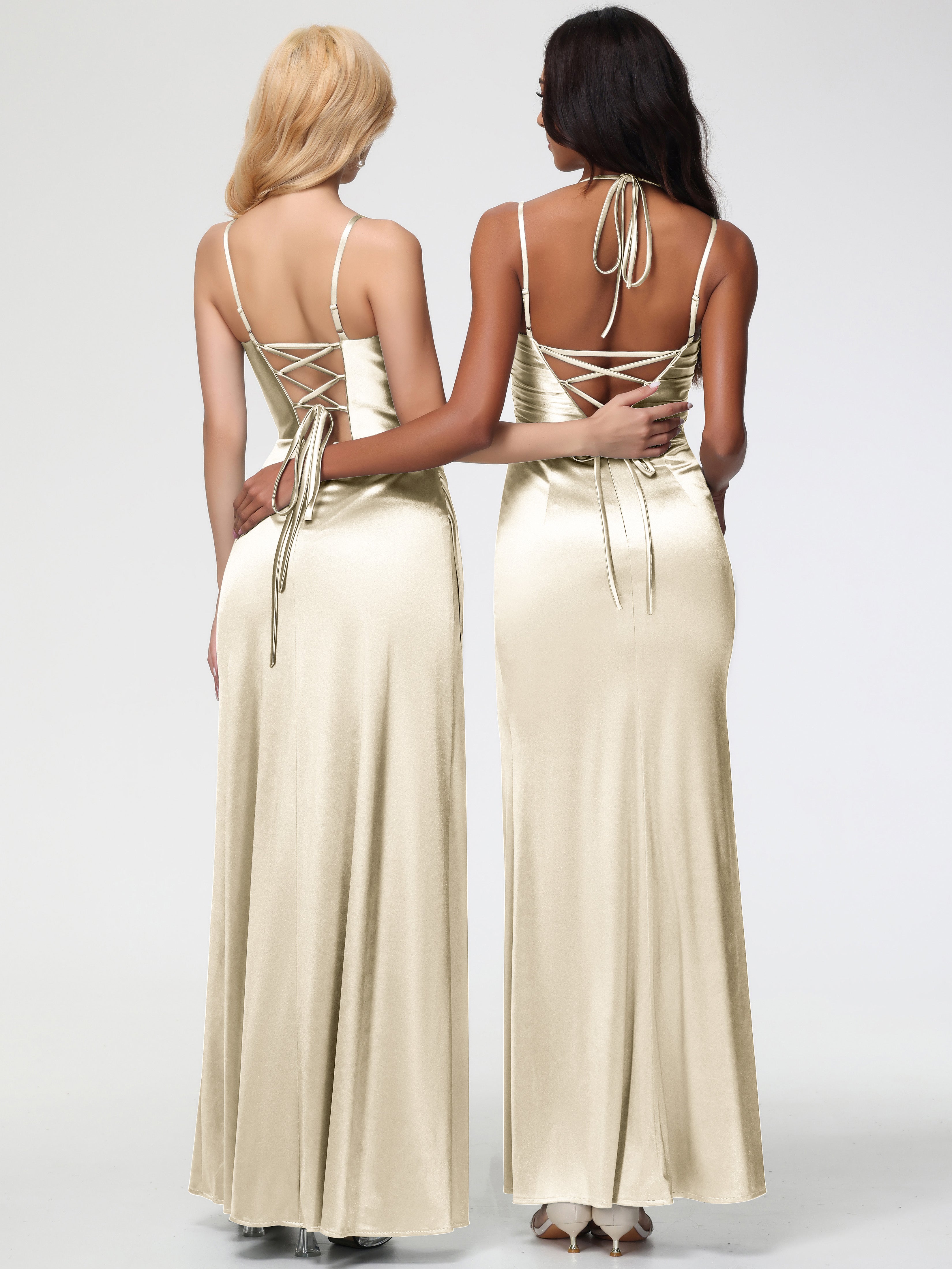 Robe Demoiselle D Honneur Couleur Champagne Col Bénitier Satin Extensible Fendue Robe De Demoiselle D'Honneur À Fines Bretelles