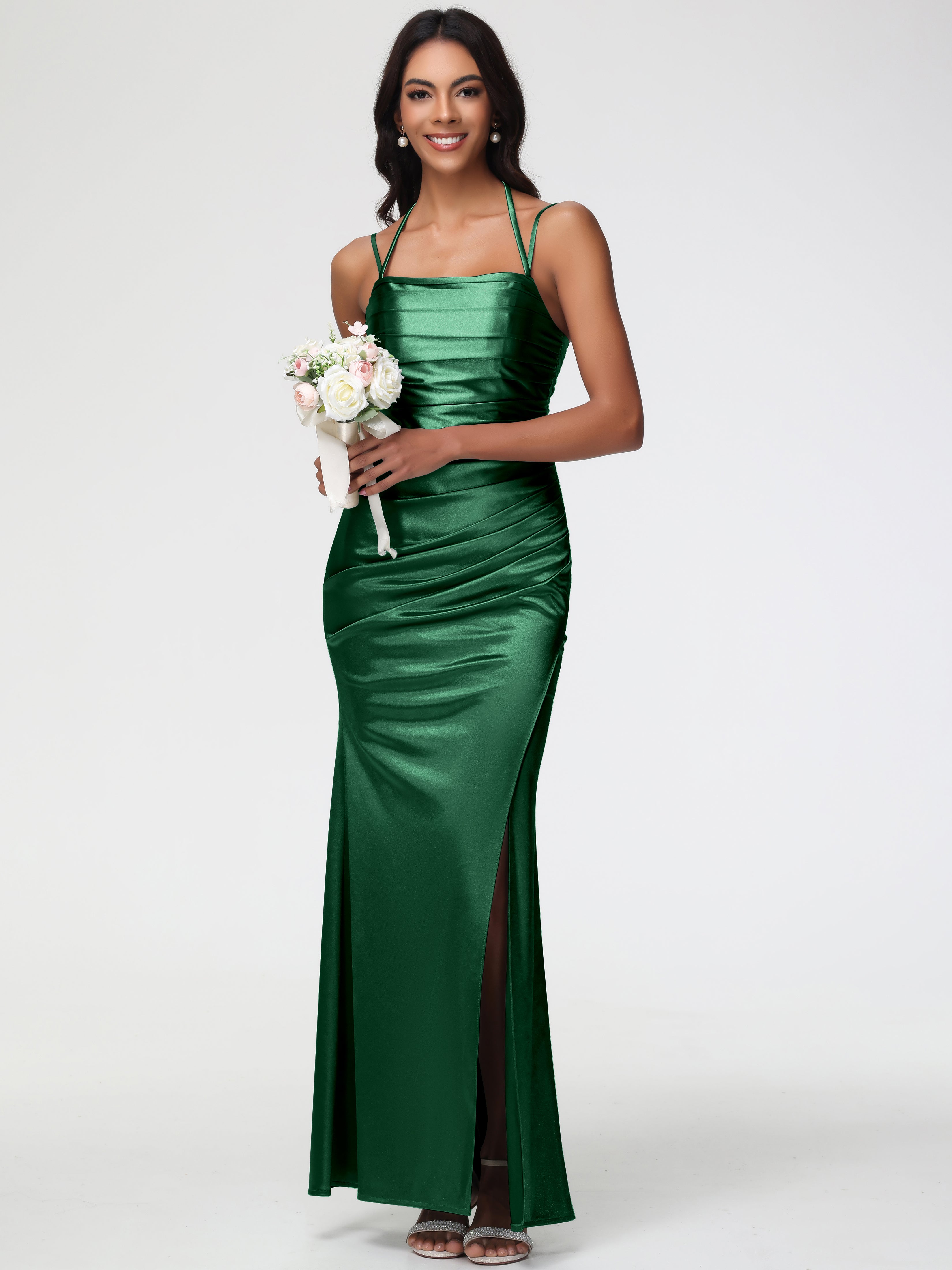 Robes De Demoiselle D'Honneur Vert Foncé Col Bénitier Satin Extensible Fendue Robe De Demoiselle D'Honneur À Fines Bretelles