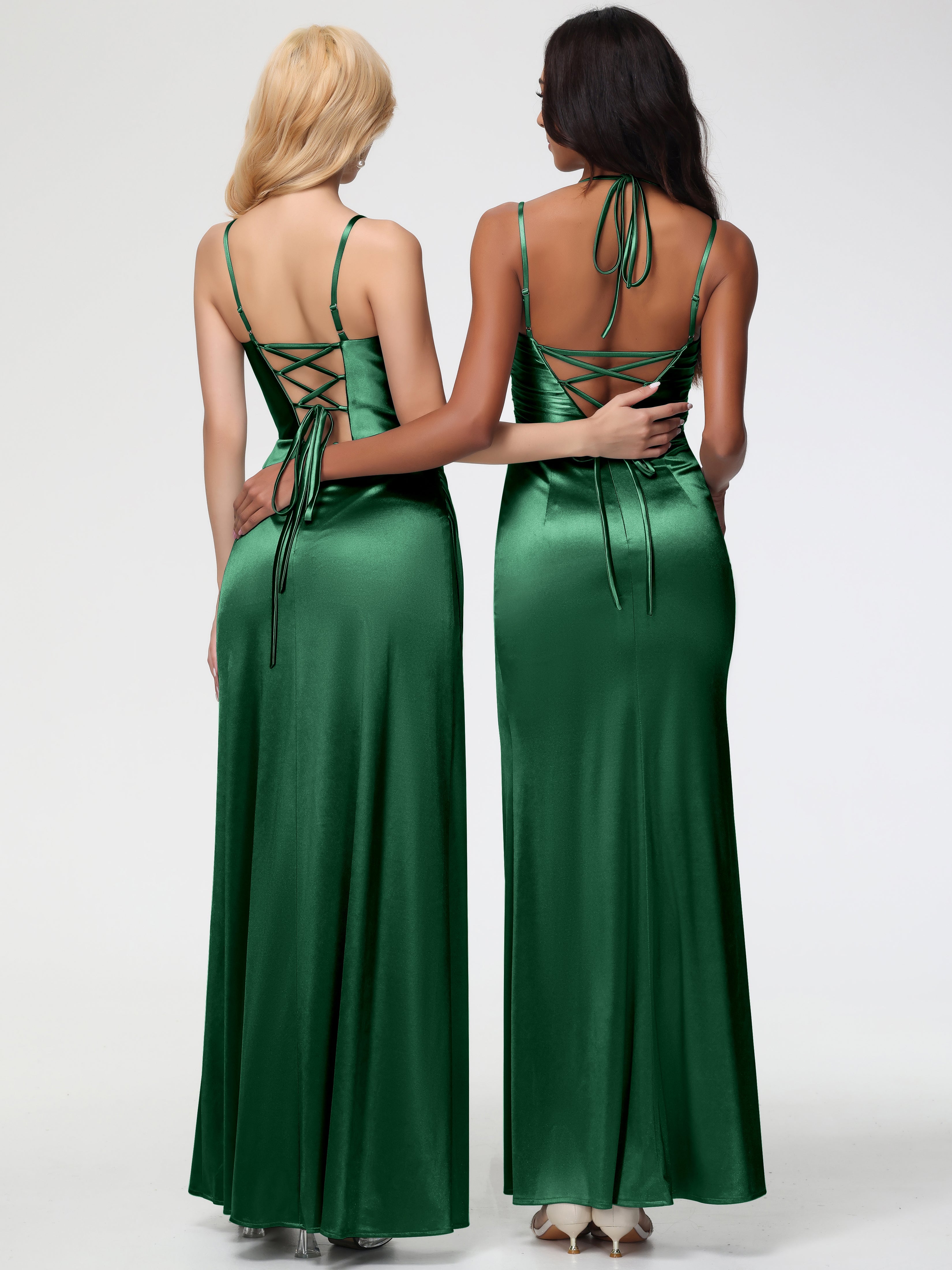 Robes De Demoiselle D'Honneur Vert Foncé Col Bénitier Satin Extensible Fendue Robe De Demoiselle D'Honneur À Fines Bretelles