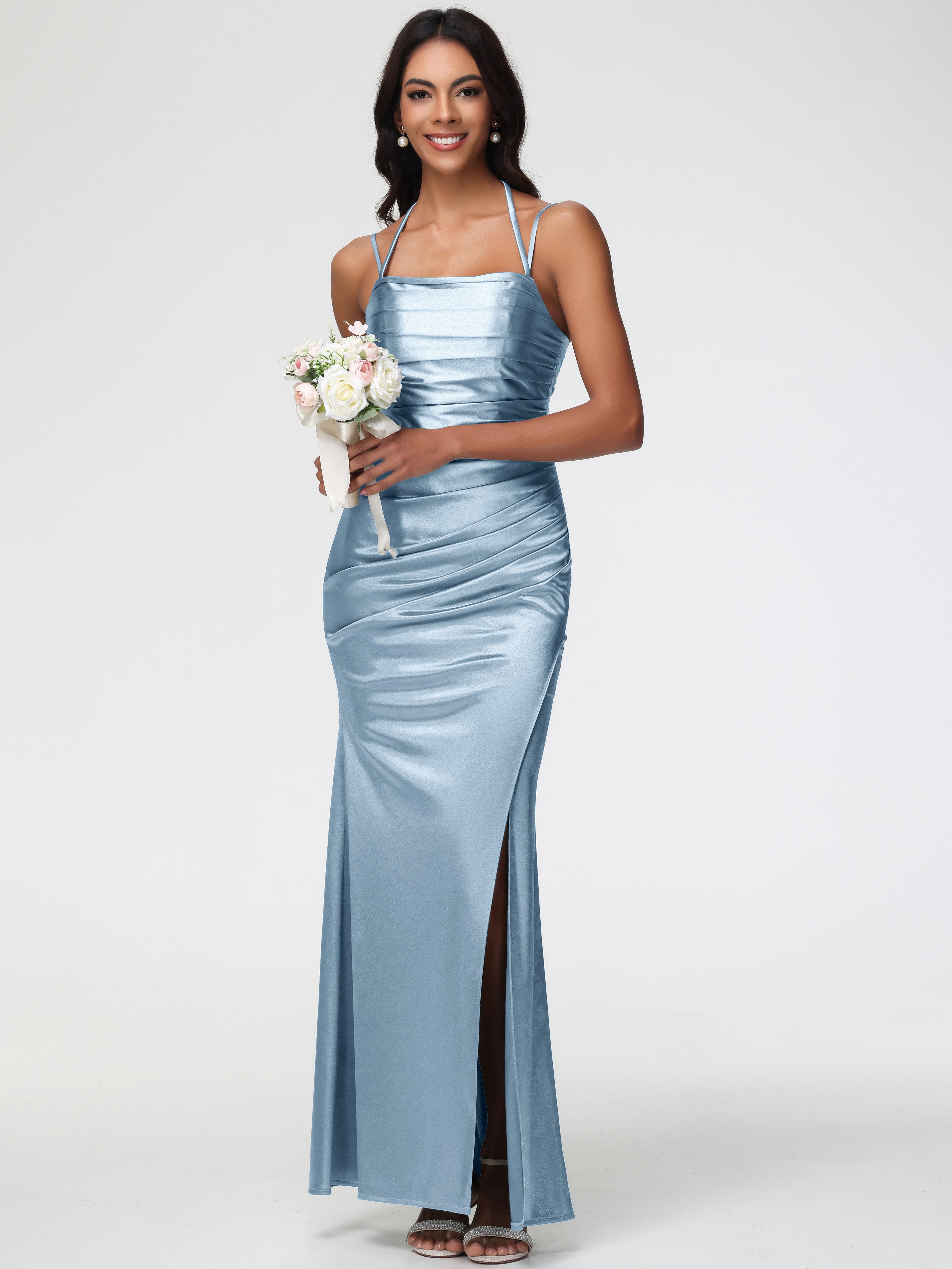 Robes De Demoiselle D'Honneur Bleu Gris Col Bénitier Satin Extensible Fendue Robe De Demoiselle D'Honneur À Fines Bretelles