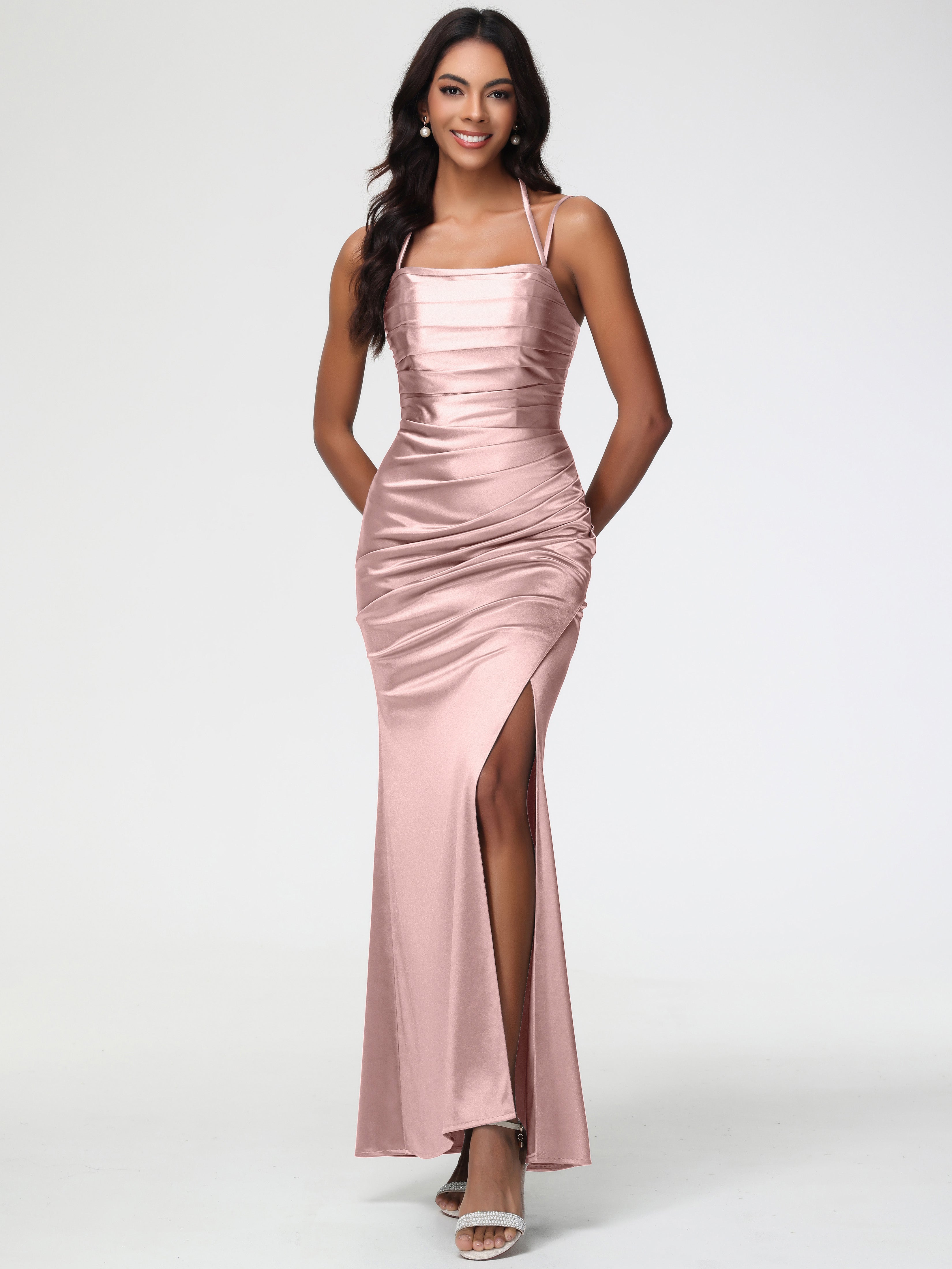 Robe Demoiselle D Honneur Rose Poudre Col Bénitier Satin Extensible Fendue Robe De Demoiselle D'Honneur À Fines Bretelles