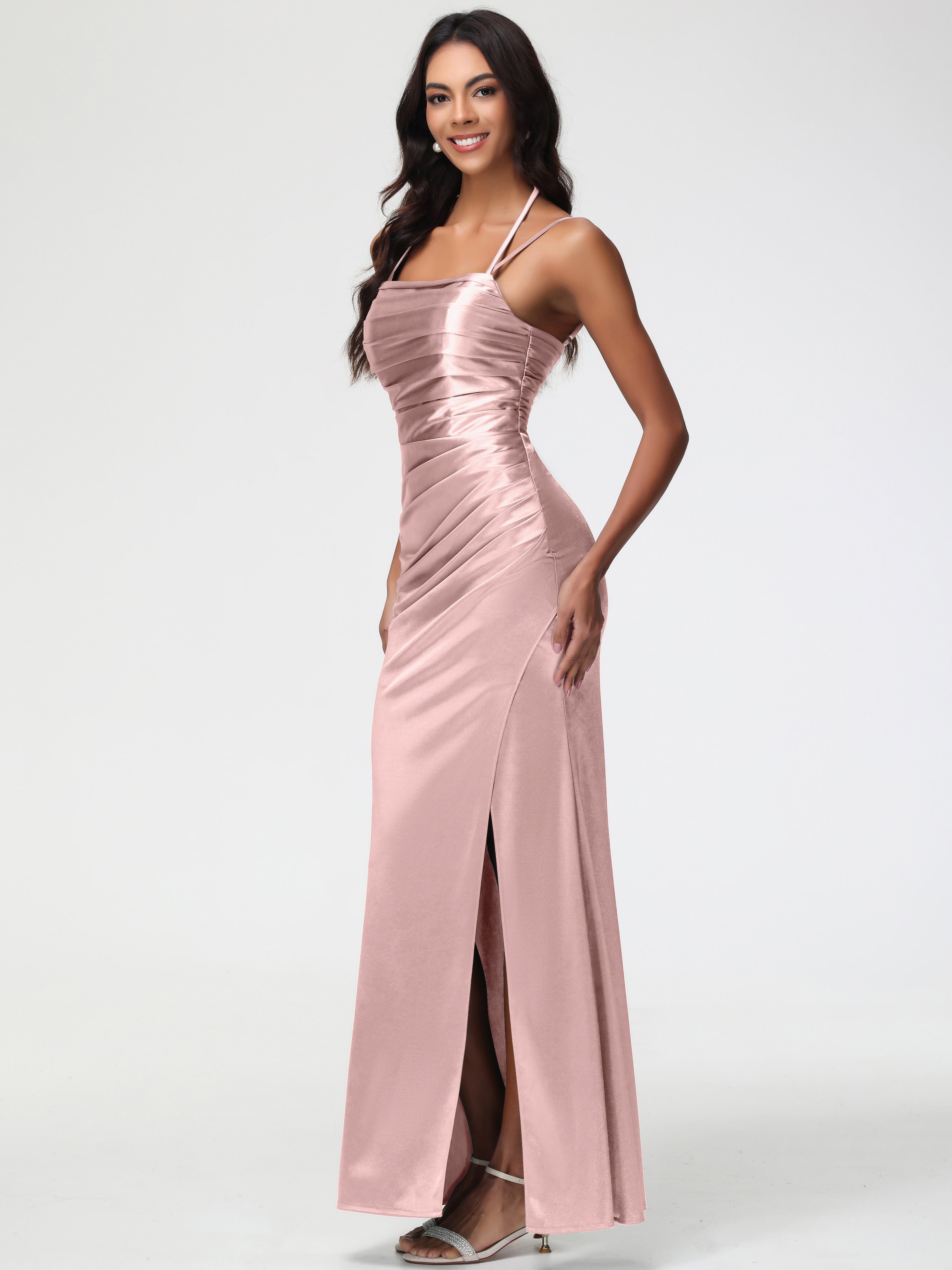 Robe Demoiselle D Honneur Rose Poudre Col Bénitier Satin Extensible Fendue Robe De Demoiselle D'Honneur À Fines Bretelles