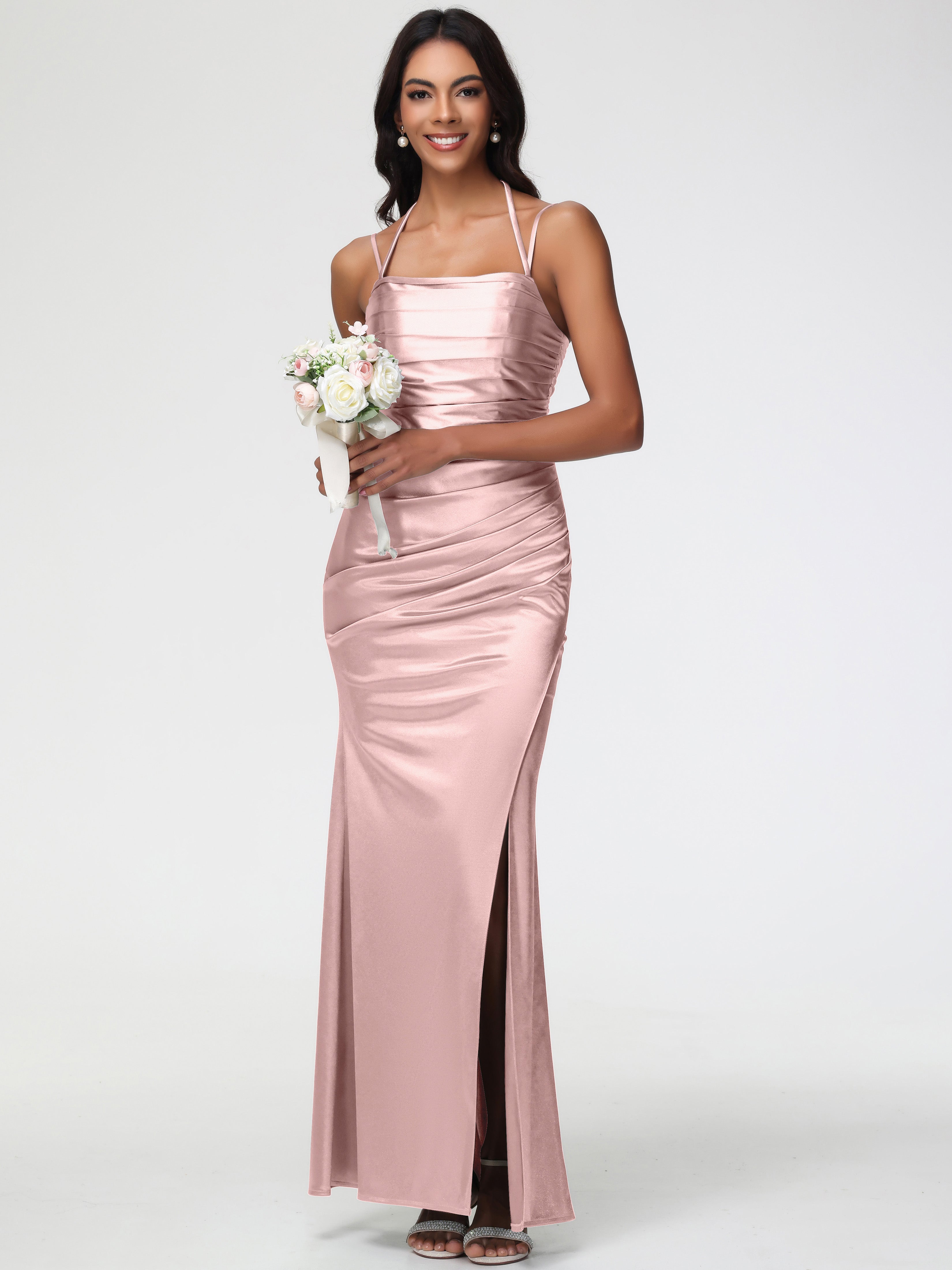 Robe Demoiselle D Honneur Rose Poudre Col Bénitier Satin Extensible Fendue Robe De Demoiselle D'Honneur À Fines Bretelles