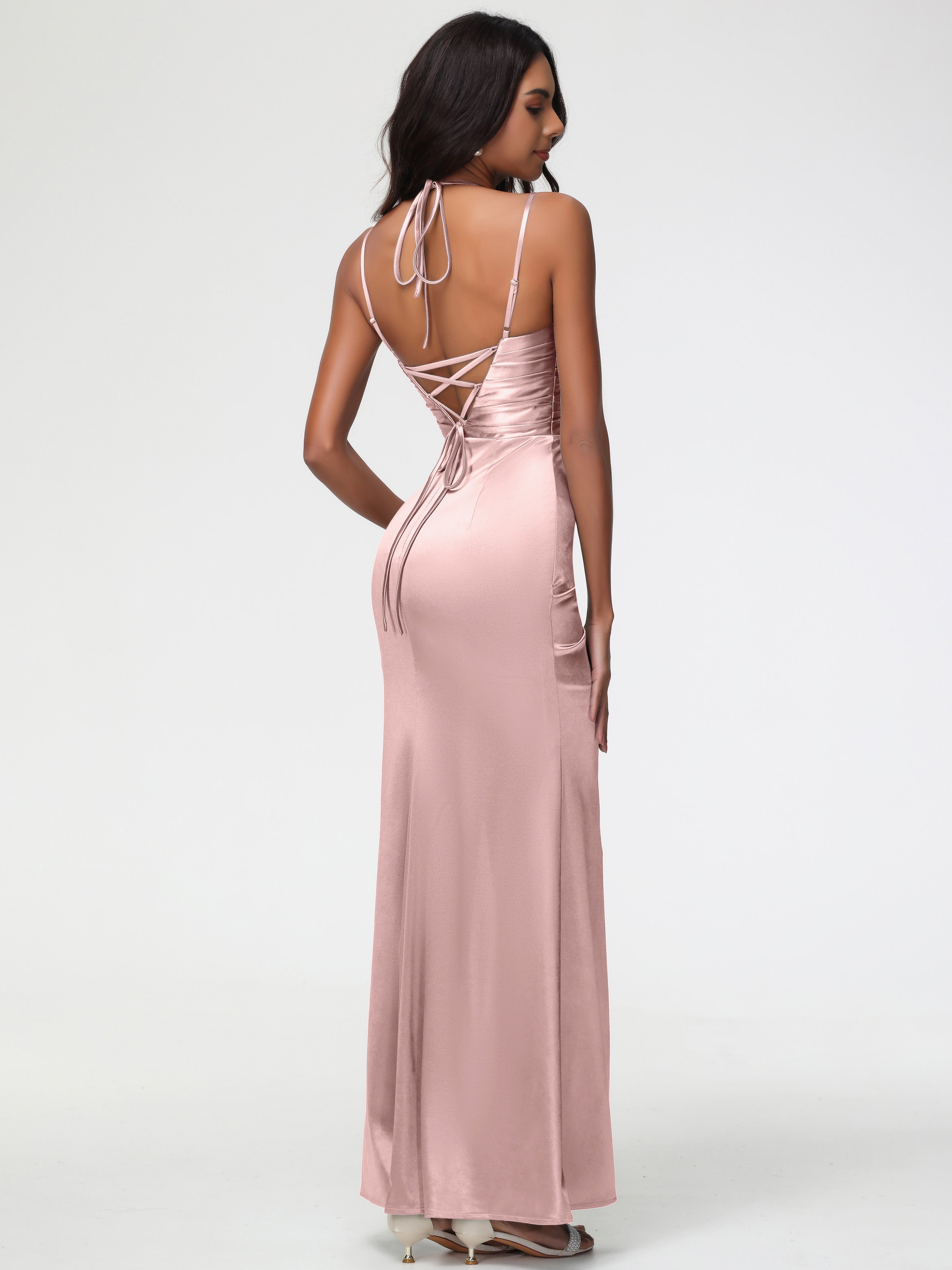 Robe Demoiselle D Honneur Rose Poudre Col Bénitier Satin Extensible Fendue Robe De Demoiselle D'Honneur À Fines Bretelles