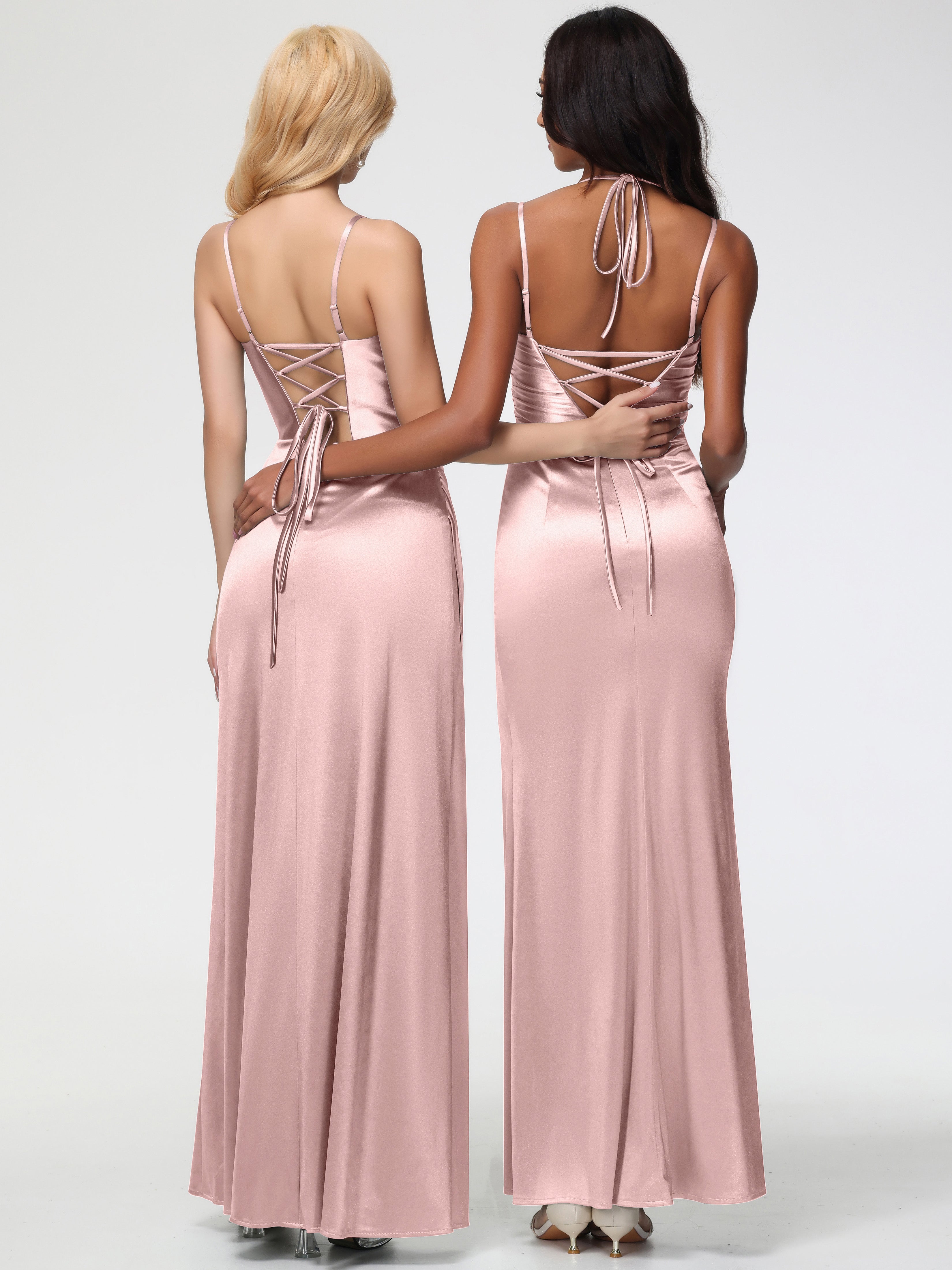 Robe Demoiselle D Honneur Rose Poudre Col Bénitier Satin Extensible Fendue Robe De Demoiselle D'Honneur À Fines Bretelles