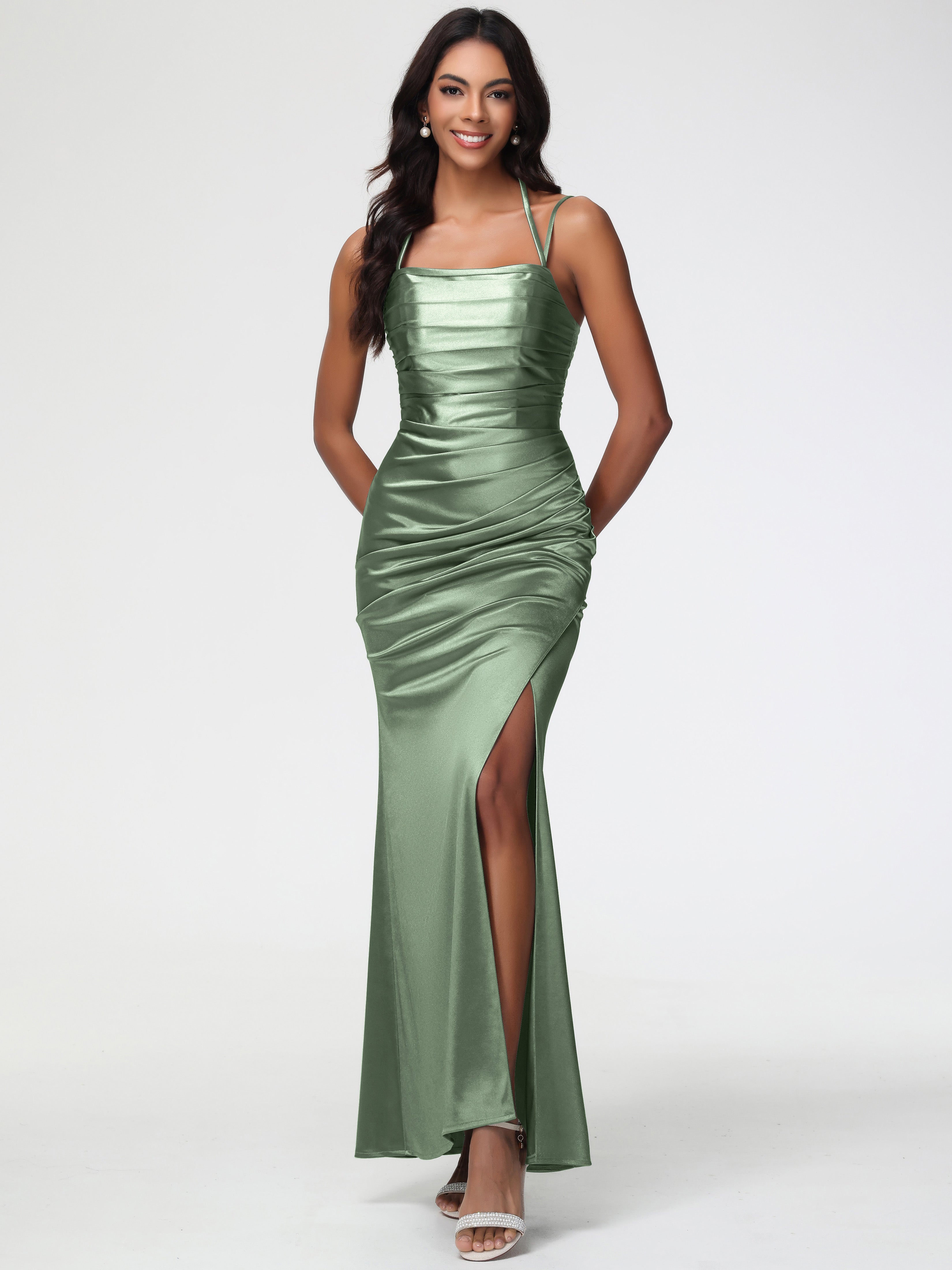 Robe Demoiselle D Honneur Sauge Poudré Col Bénitier Satin Extensible Robe De Demoiselle D'Honneur À Fines Bretelles