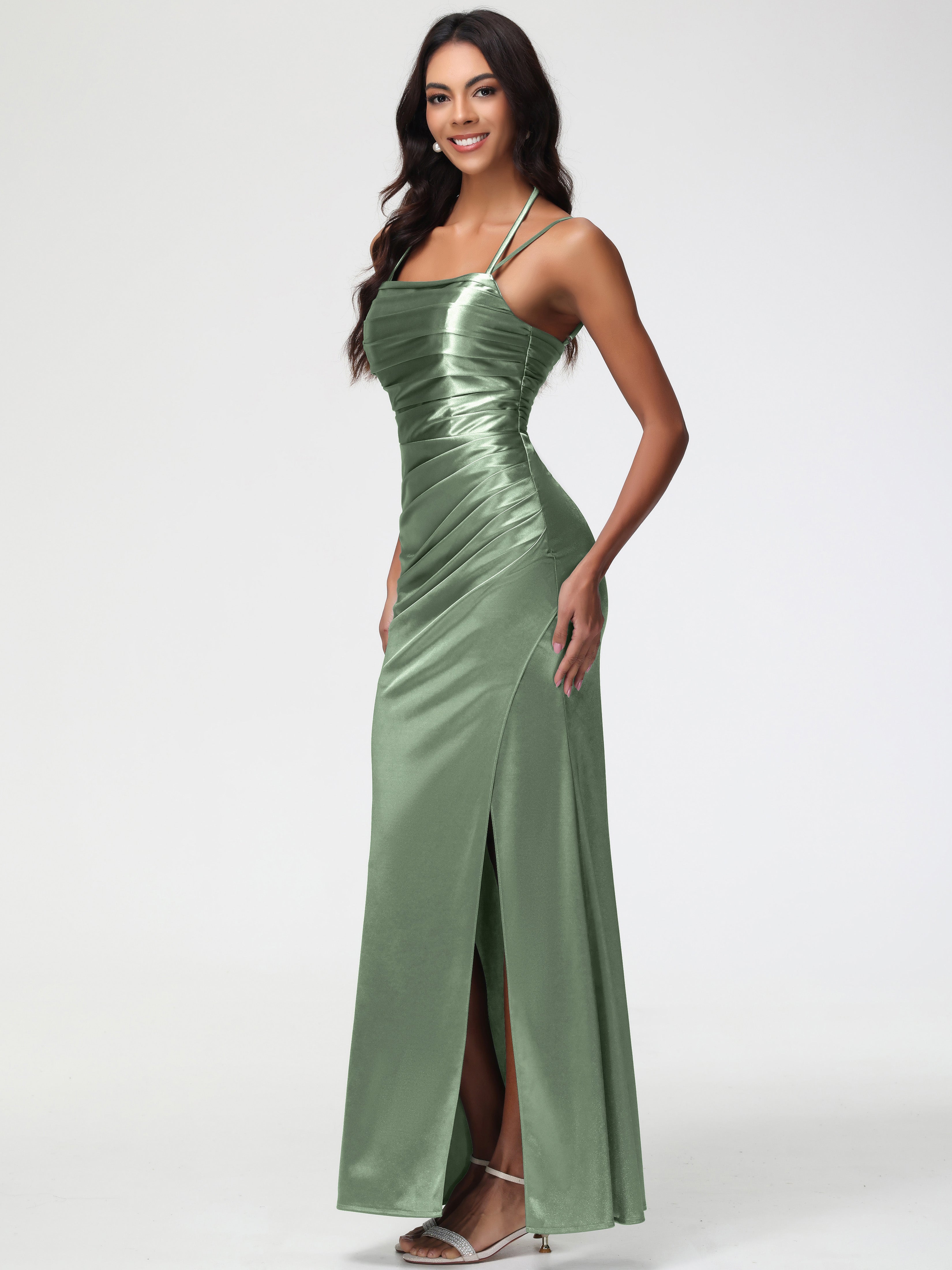 Robe Demoiselle D Honneur Sauge Poudré Col Bénitier Satin Extensible Robe De Demoiselle D'Honneur À Fines Bretelles