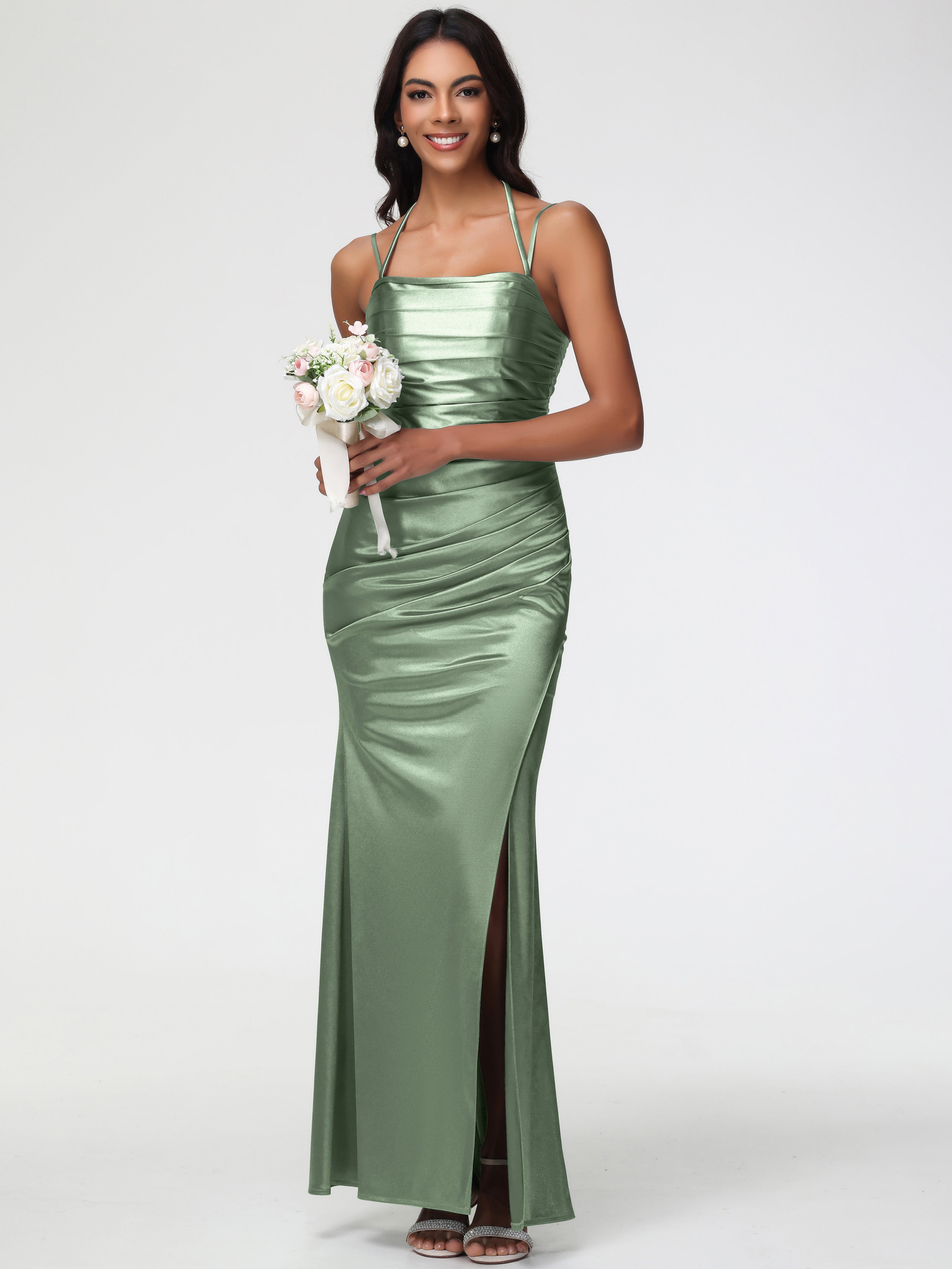 Robe Demoiselle D Honneur Sauge Poudré Col Bénitier Satin Extensible Robe De Demoiselle D'Honneur À Fines Bretelles