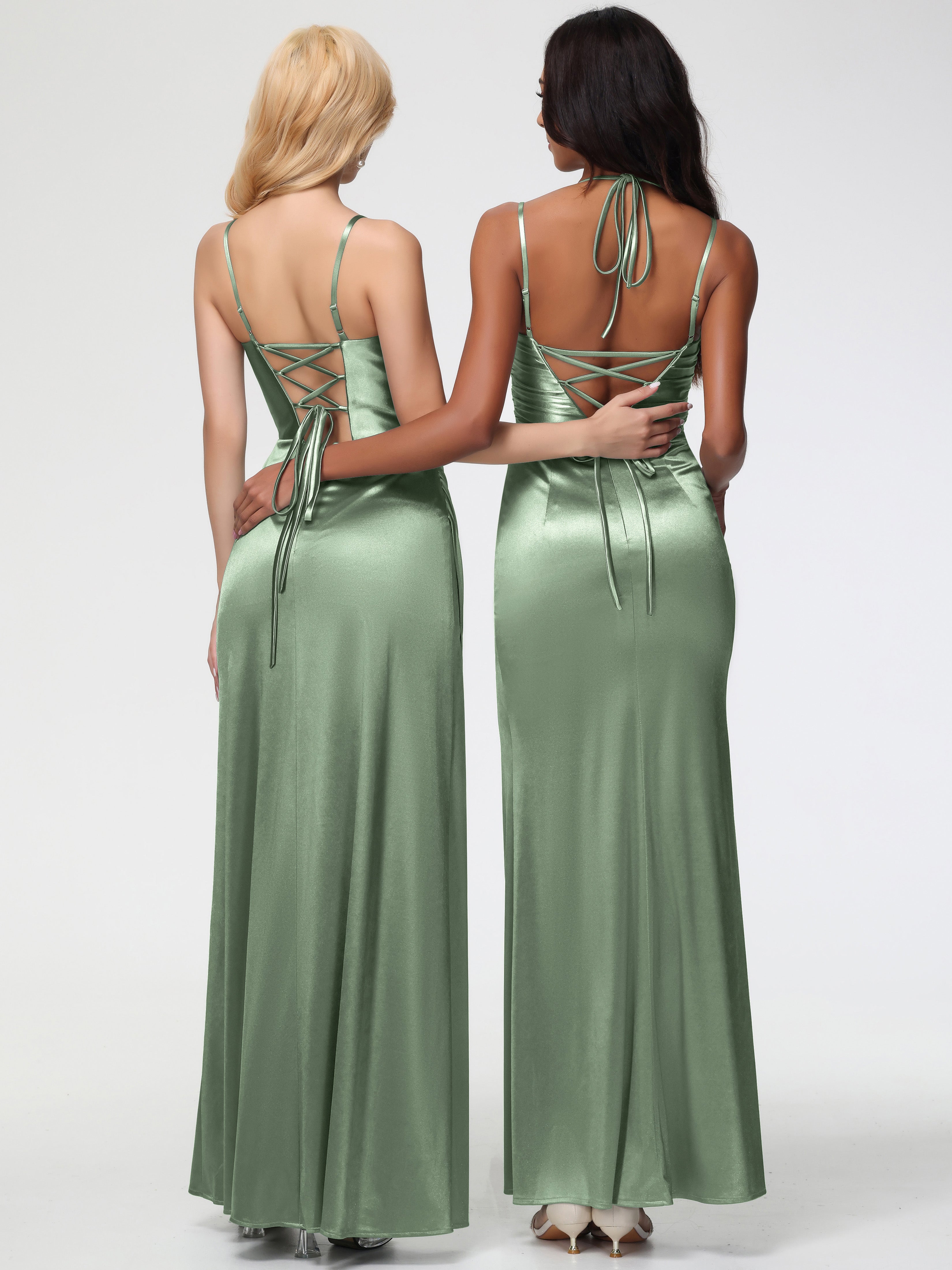Robe Demoiselle D Honneur Sauge Poudré Col Bénitier Satin Extensible Robe De Demoiselle D'Honneur À Fines Bretelles