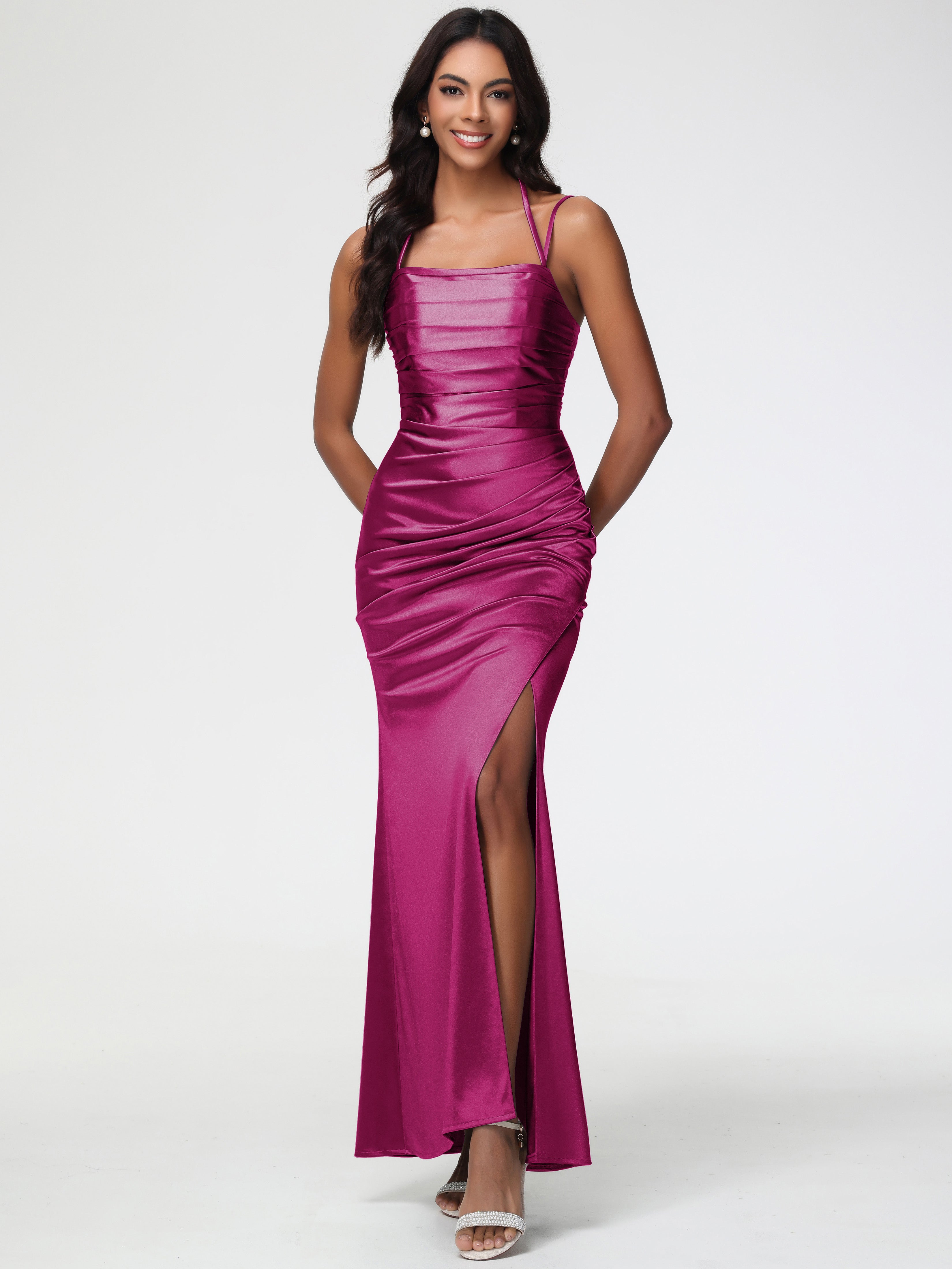 Robe Demoiselle D Honneur Rose Fuchsia Col Bénitier Satin Extensible Fendue Robe De Demoiselle D'Honneur À Fines Bretelles