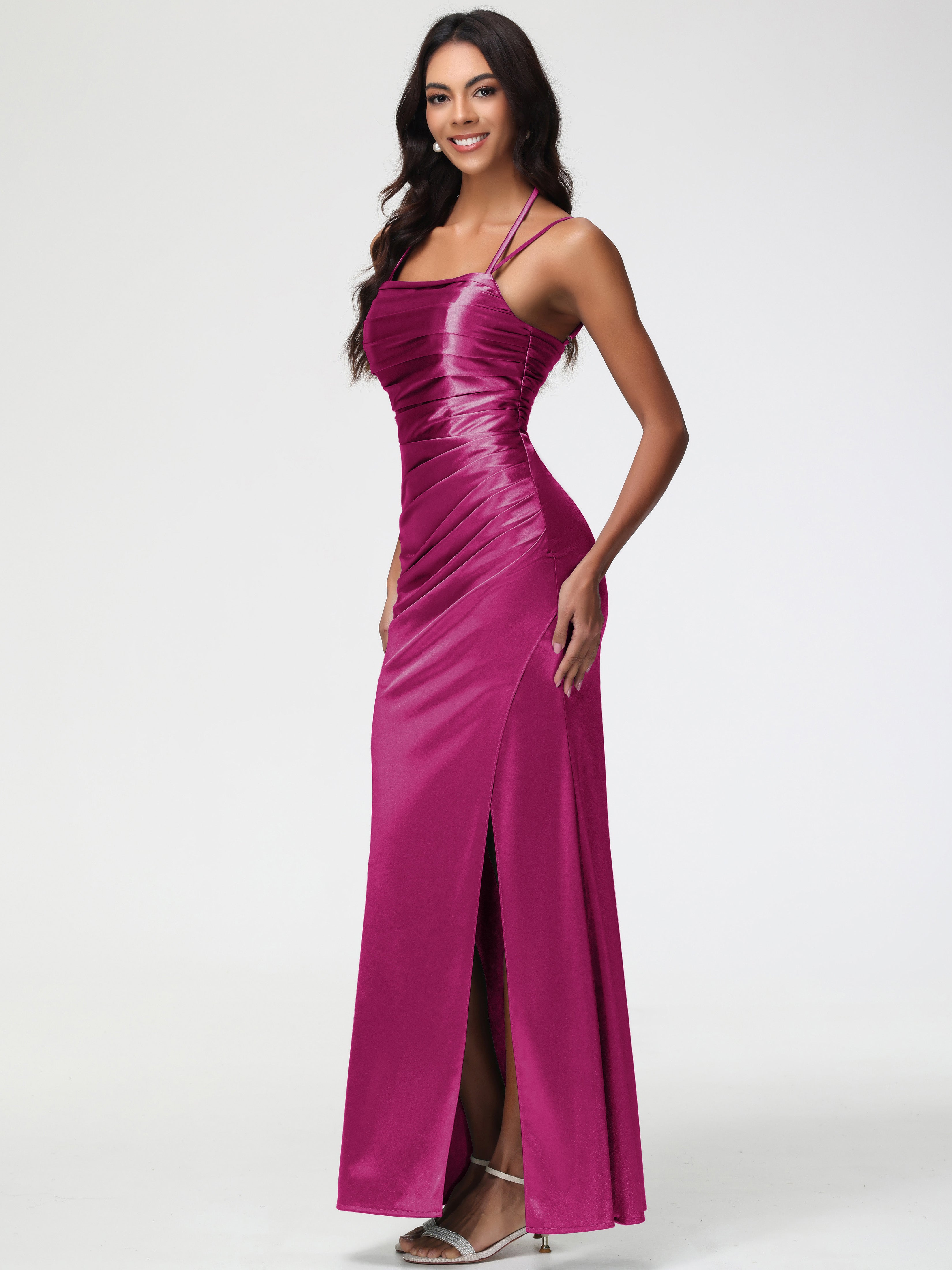 Robe Demoiselle D Honneur Rose Fuchsia Col Bénitier Satin Extensible Fendue Robe De Demoiselle D'Honneur À Fines Bretelles