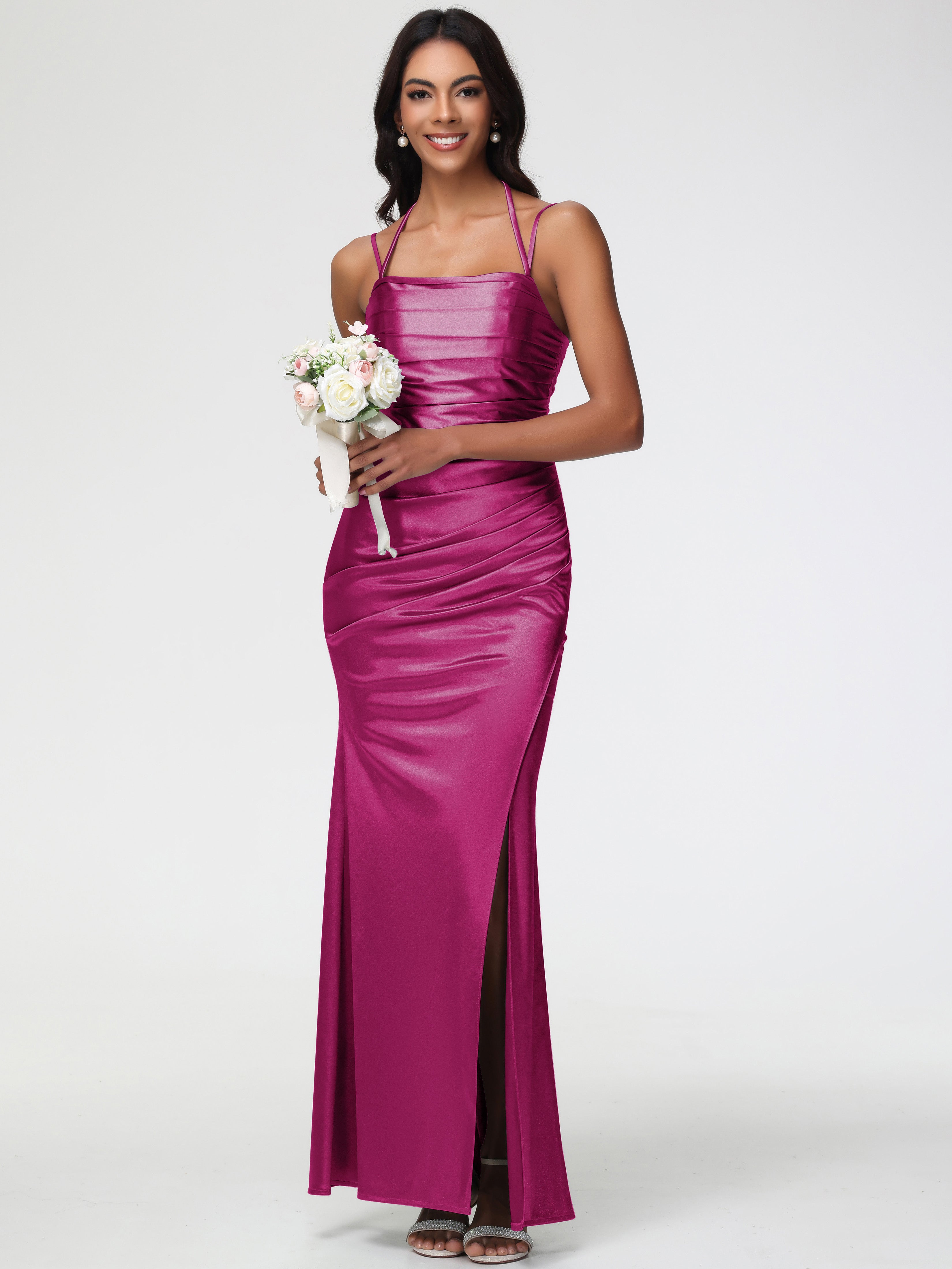 Robe Demoiselle D Honneur Rose Fuchsia Col Bénitier Satin Extensible Fendue Robe De Demoiselle D'Honneur À Fines Bretelles