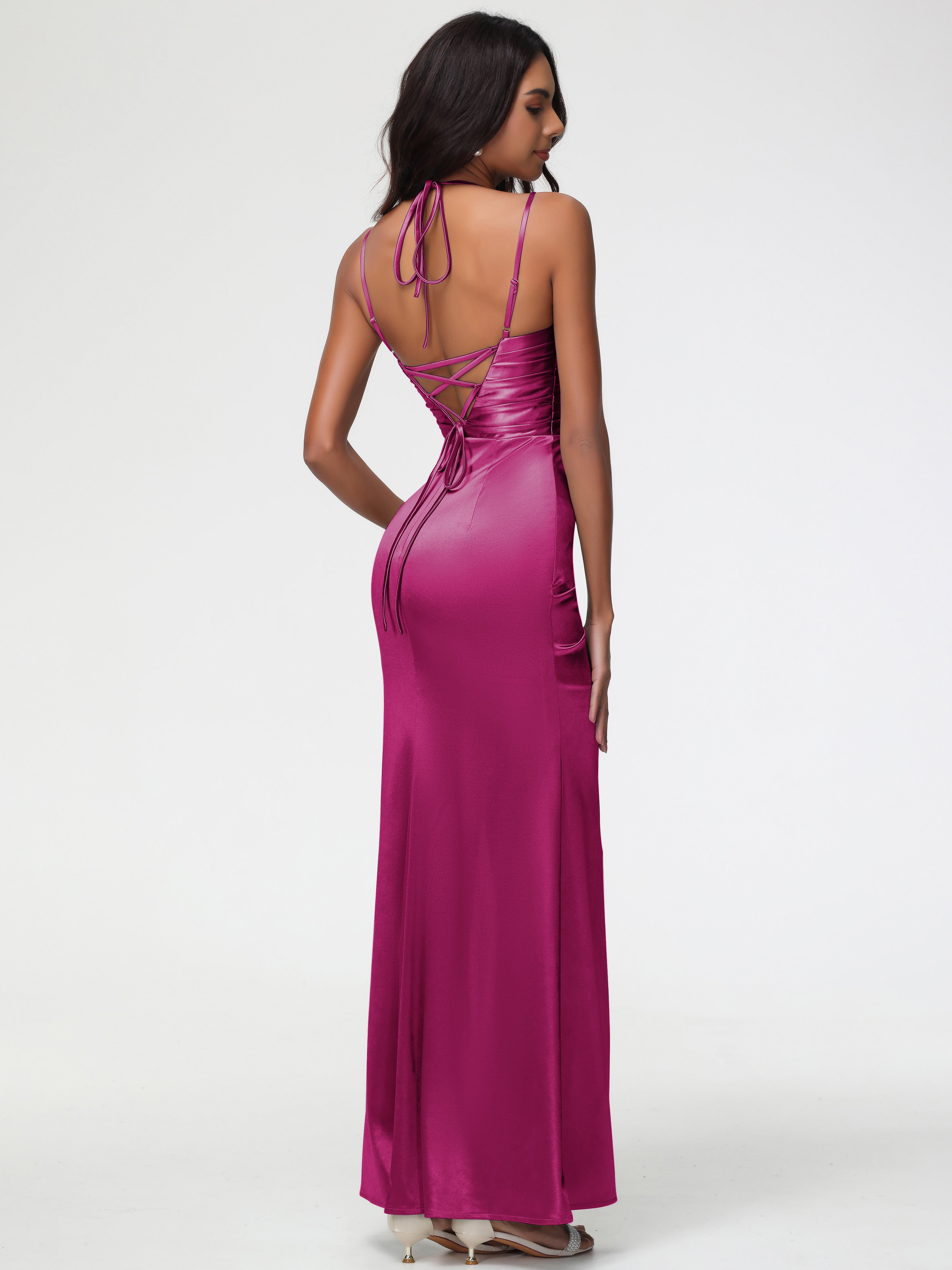 Robe Demoiselle D Honneur Rose Fuchsia Col Bénitier Satin Extensible Fendue Robe De Demoiselle D'Honneur À Fines Bretelles