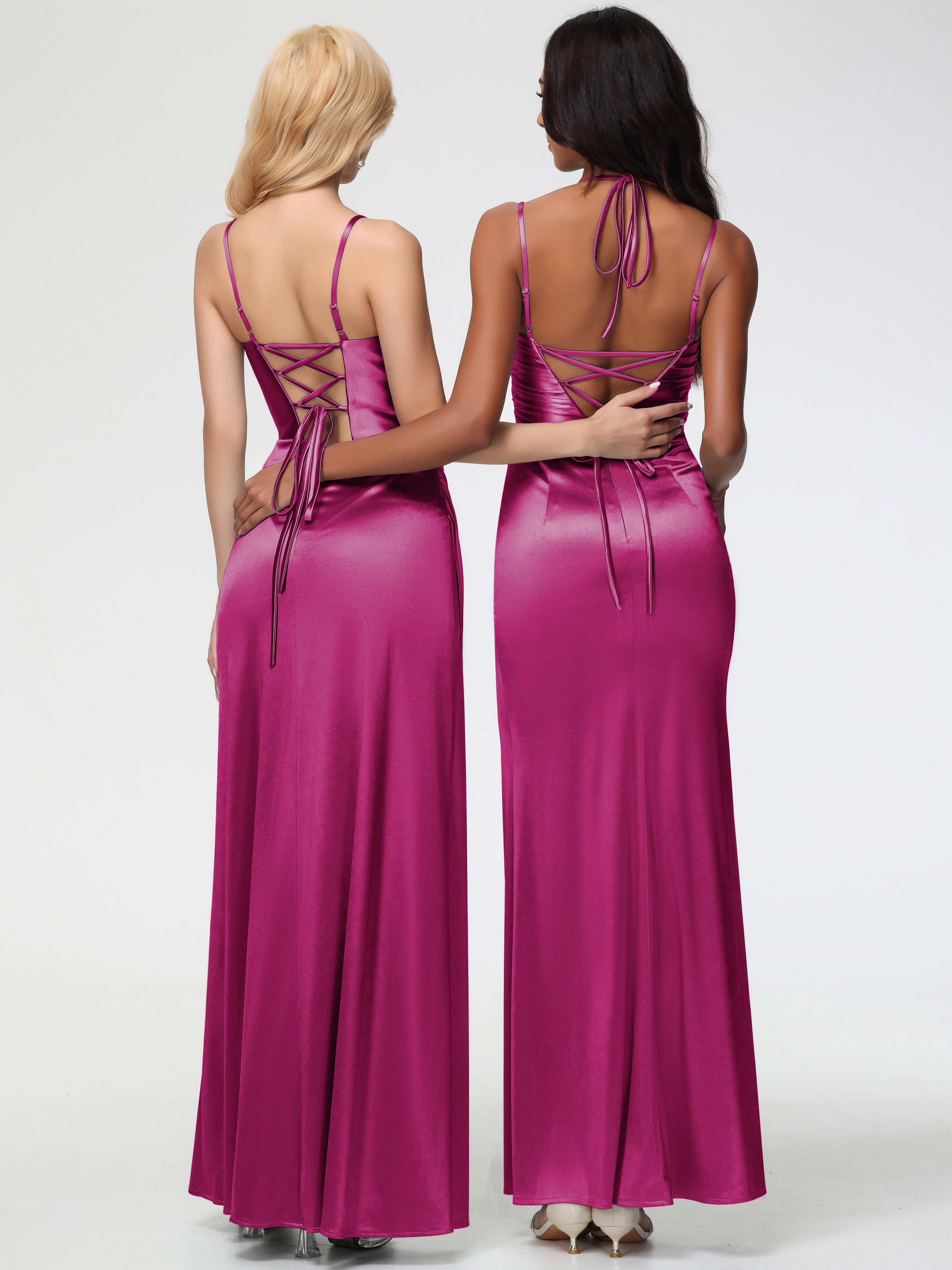 Robe Demoiselle D Honneur Rose Fuchsia Col Bénitier Satin Extensible Fendue Robe De Demoiselle D'Honneur À Fines Bretelles