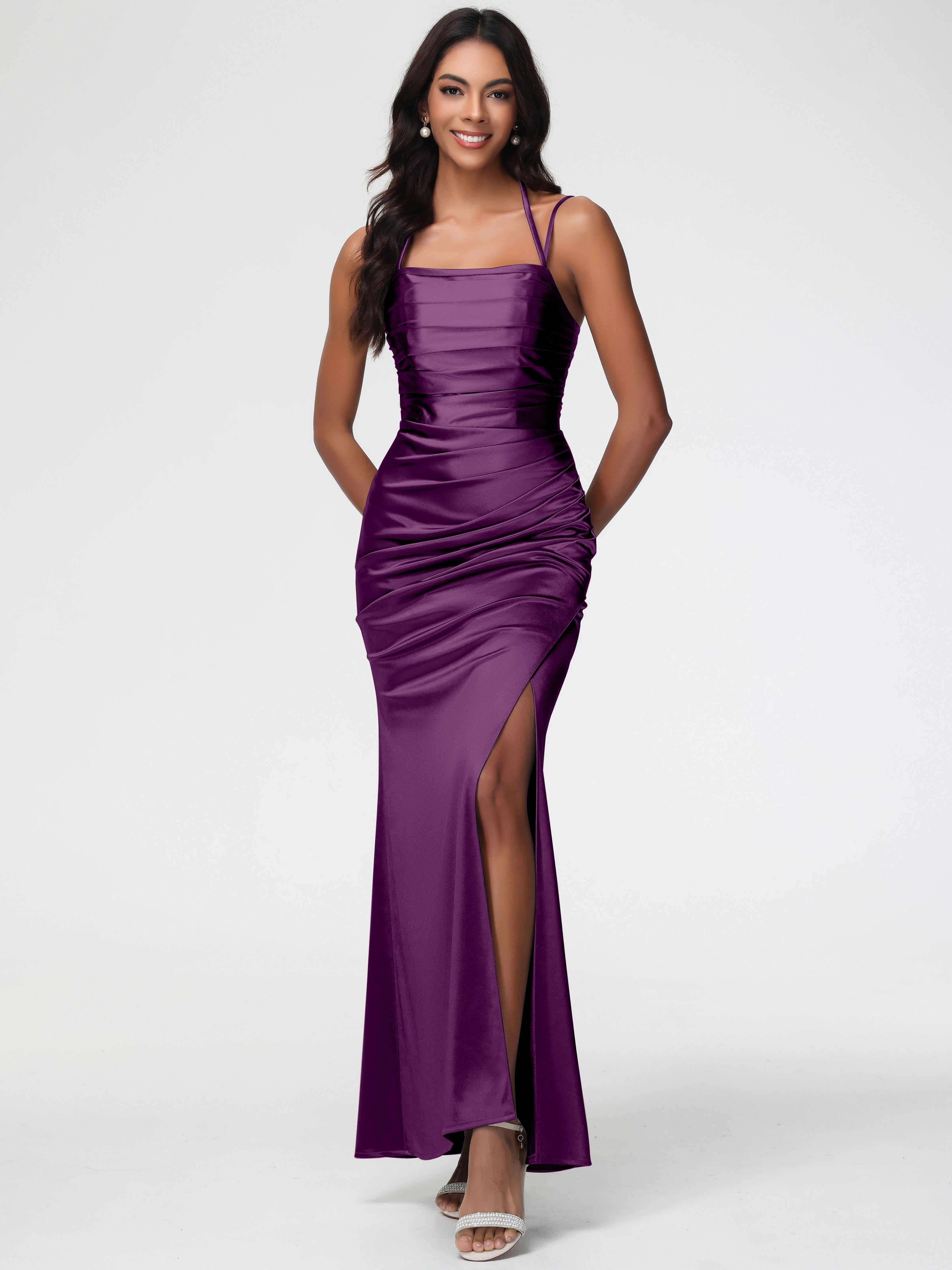 Robes De Demoiselle D'Honneur En Raisin Col Bénitier Satin Extensible Fendue Robe De Demoiselle D'Honneur À Fines Bretelles