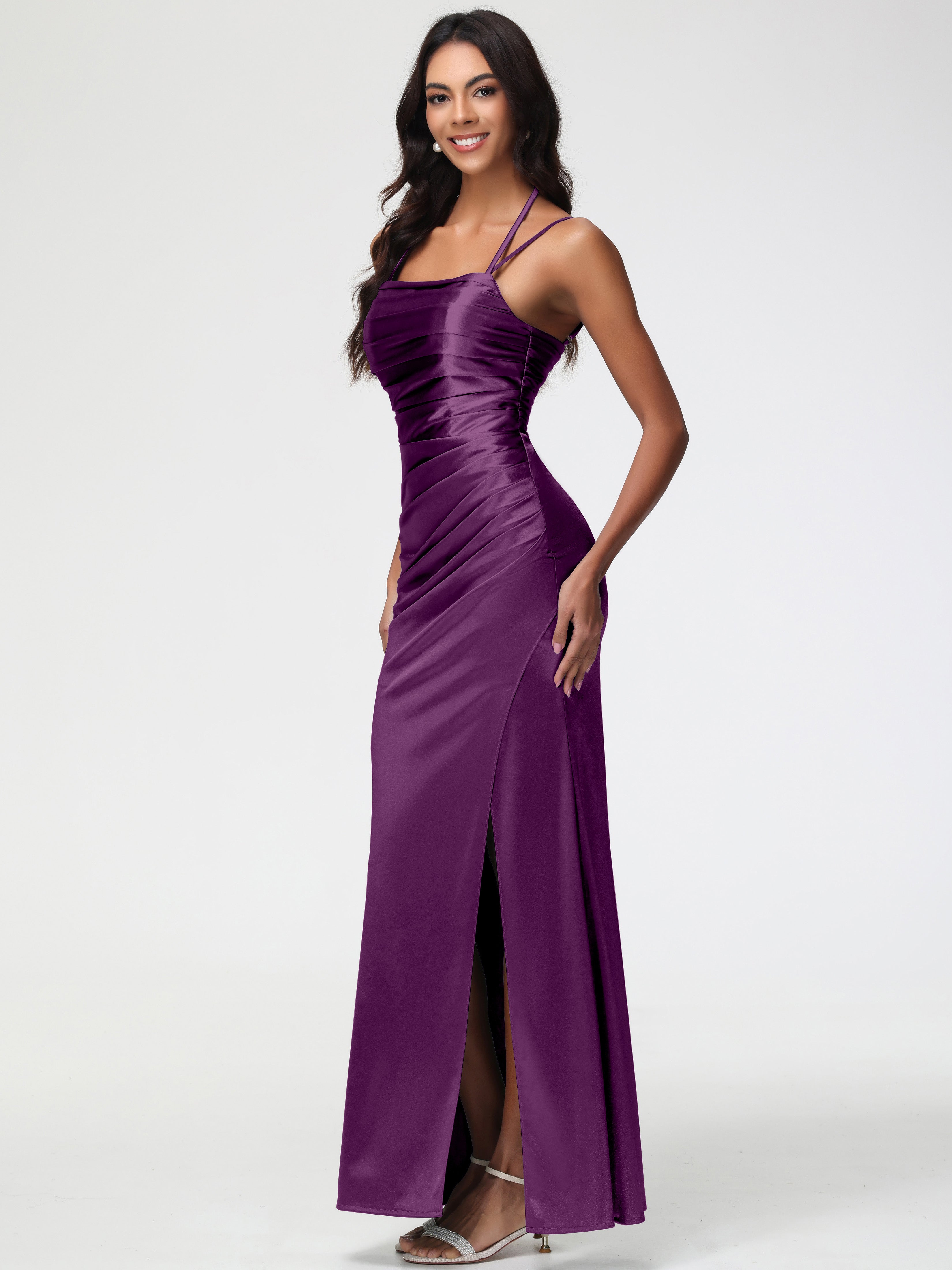 Robes De Demoiselle D'Honneur En Raisin Col Bénitier Satin Extensible Fendue Robe De Demoiselle D'Honneur À Fines Bretelles