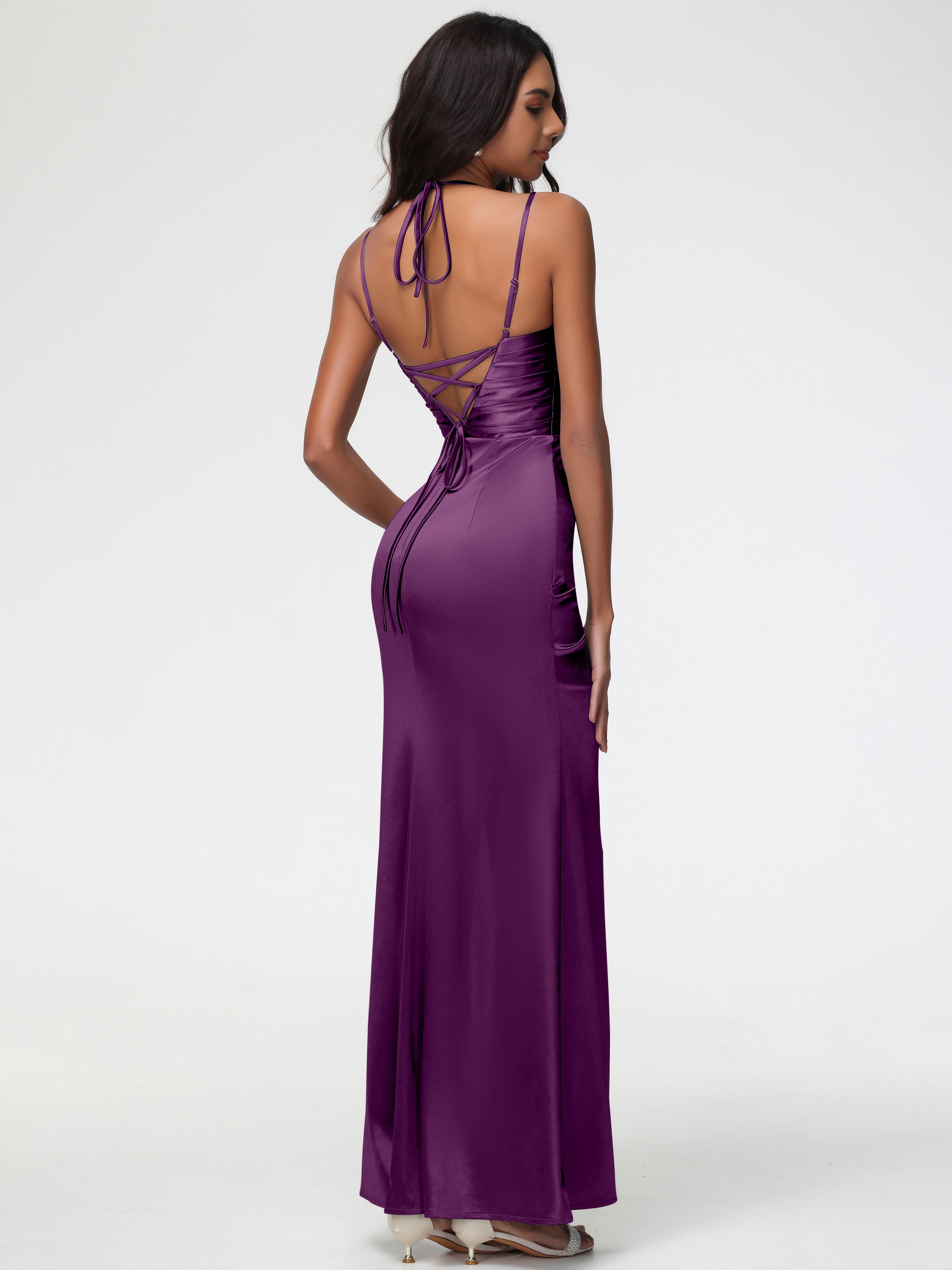 Robes De Demoiselle D'Honneur En Raisin Col Bénitier Satin Extensible Fendue Robe De Demoiselle D'Honneur À Fines Bretelles