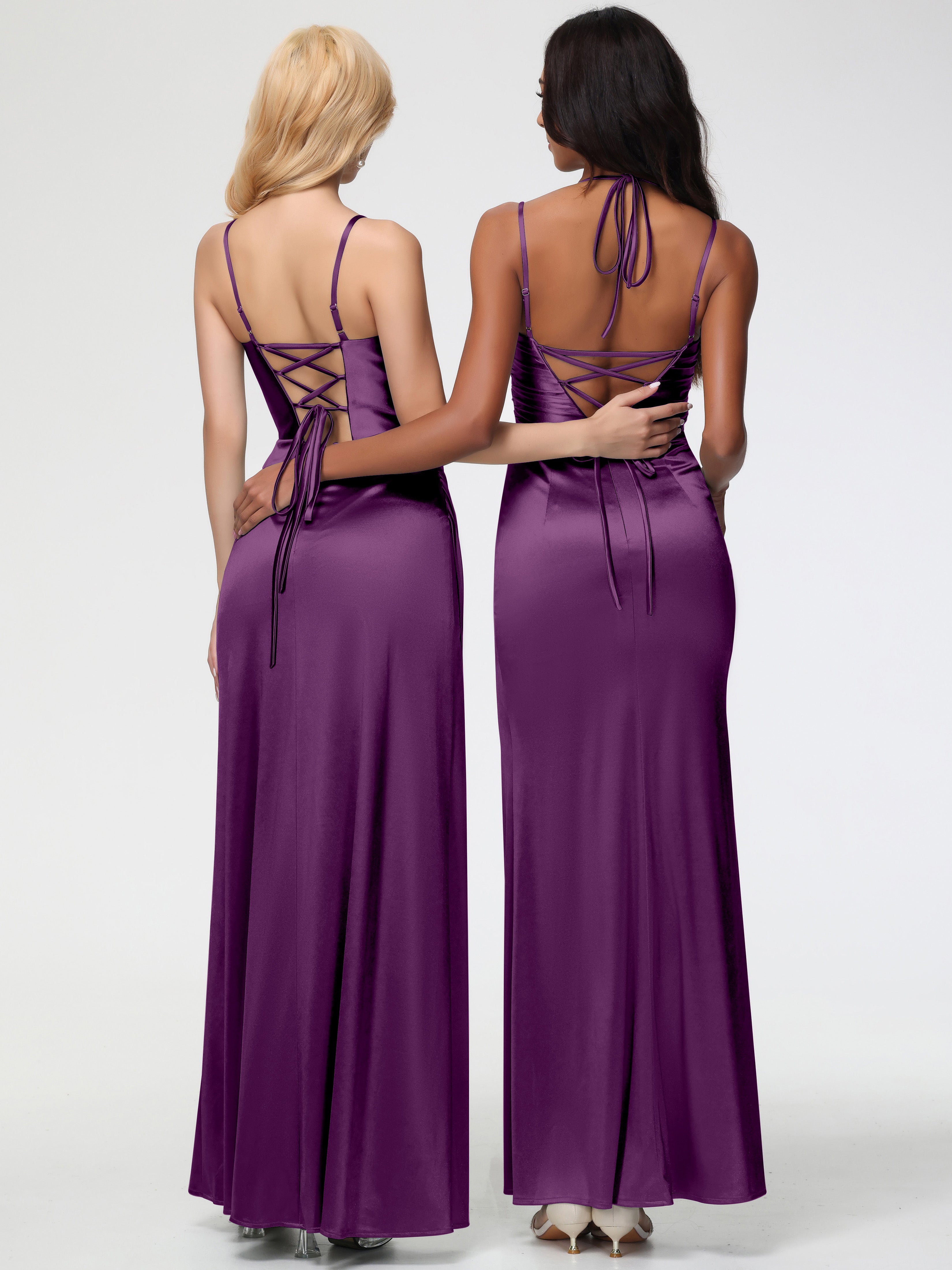 Robes De Demoiselle D'Honneur En Raisin Col Bénitier Satin Extensible Fendue Robe De Demoiselle D'Honneur À Fines Bretelles