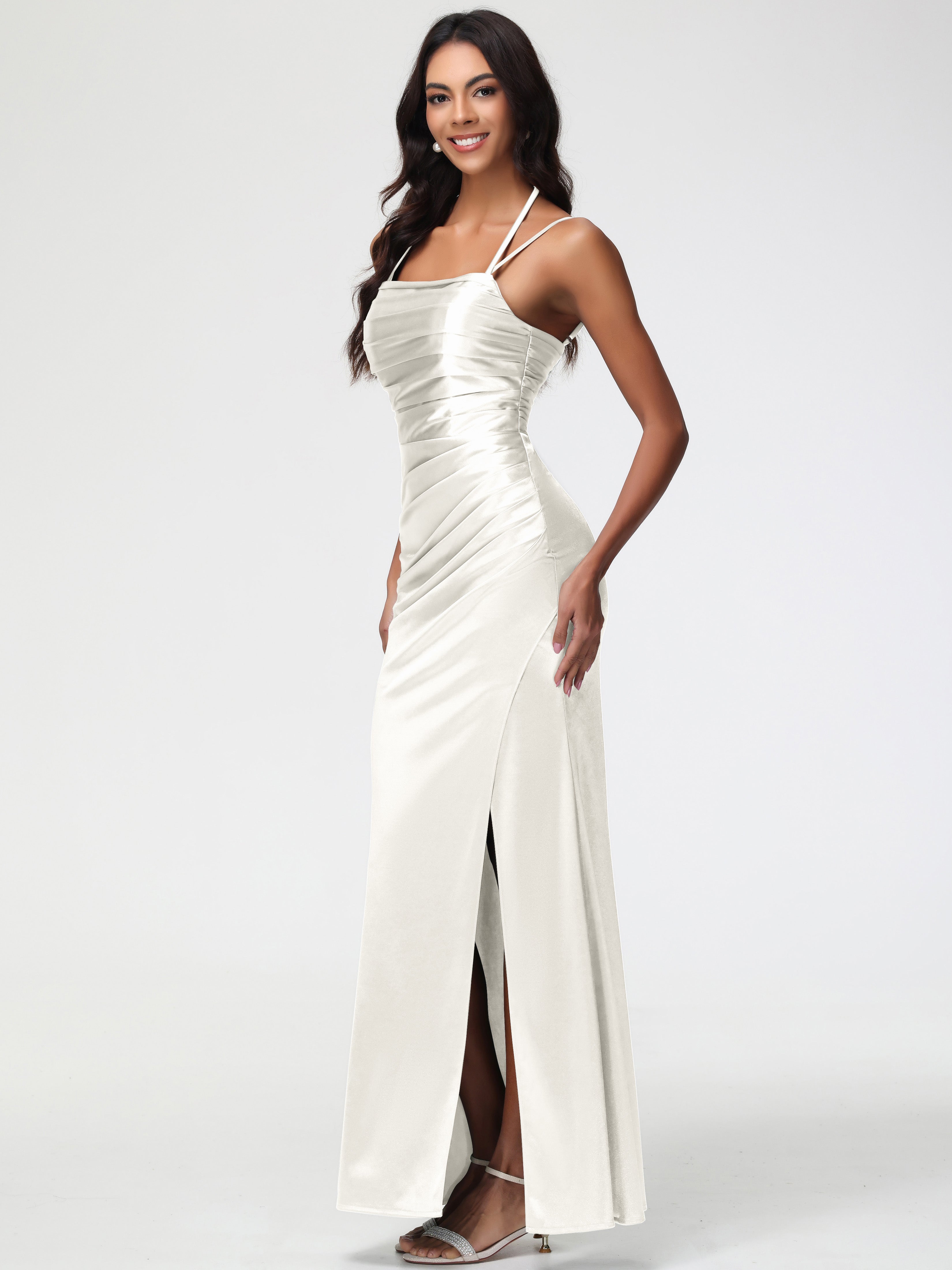 Robe De Demoiselle D Honneur Ivoire Col Bénitier Satin Extensible Fendue Robe De Demoiselle D'Honneur À Fines Bretelles