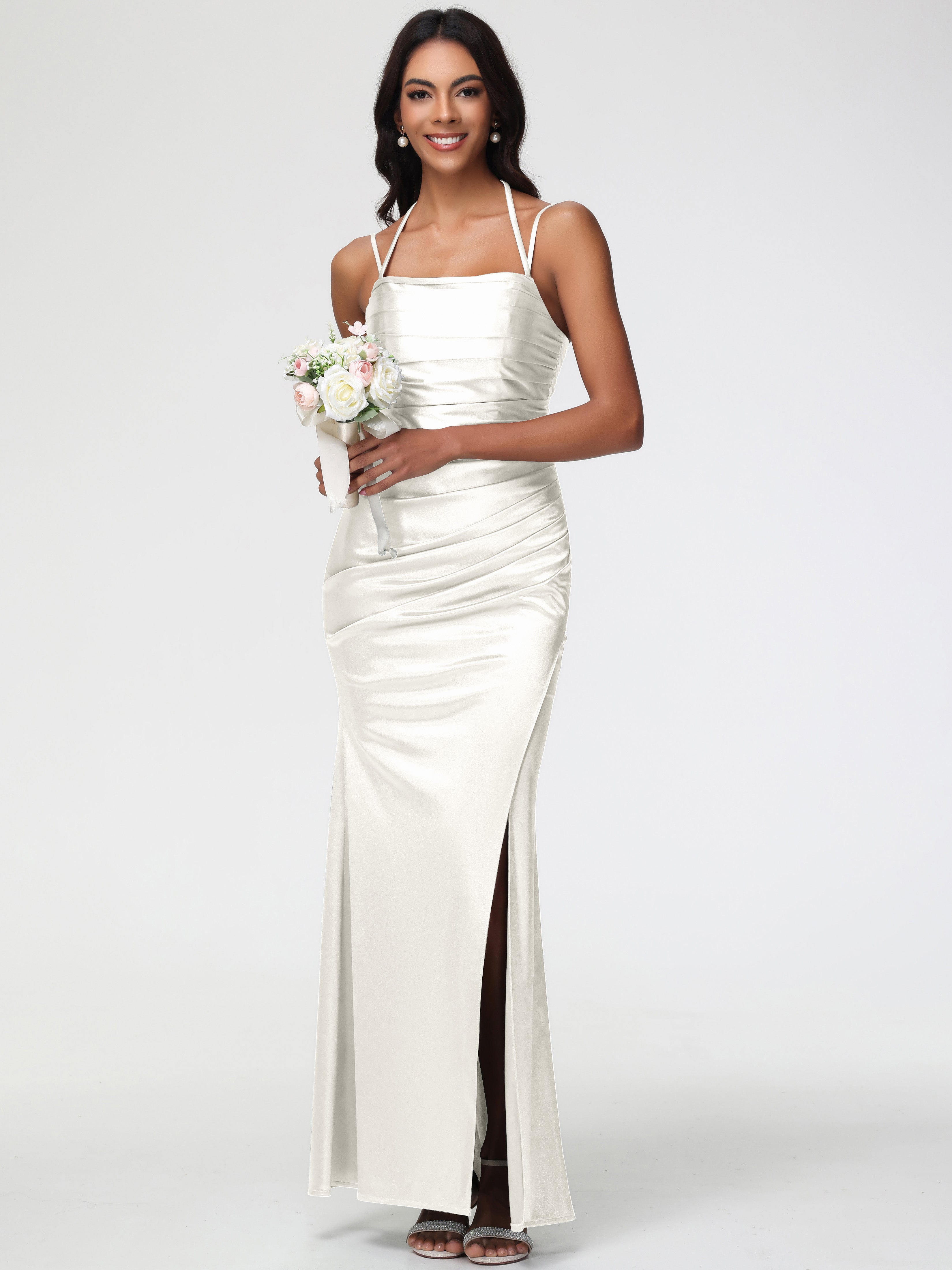 Robe De Demoiselle D Honneur Ivoire Col Bénitier Satin Extensible Fendue Robe De Demoiselle D'Honneur À Fines Bretelles