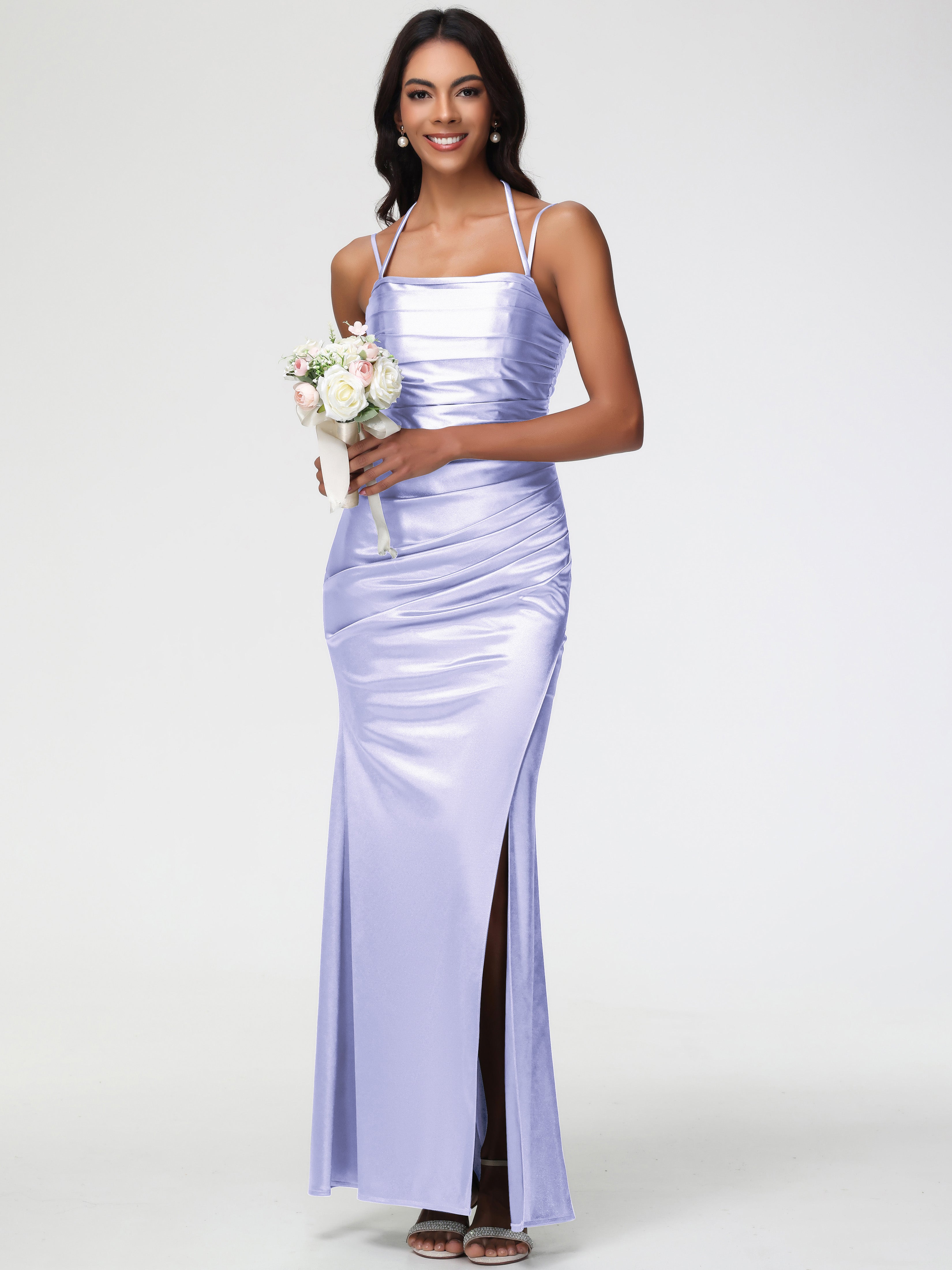 Robe Demoiselle D Honneur Couleur Lavande Col Bénitier Satin Extensible Fendue Robe De Demoiselle D'Honneur À Fines Bretelles