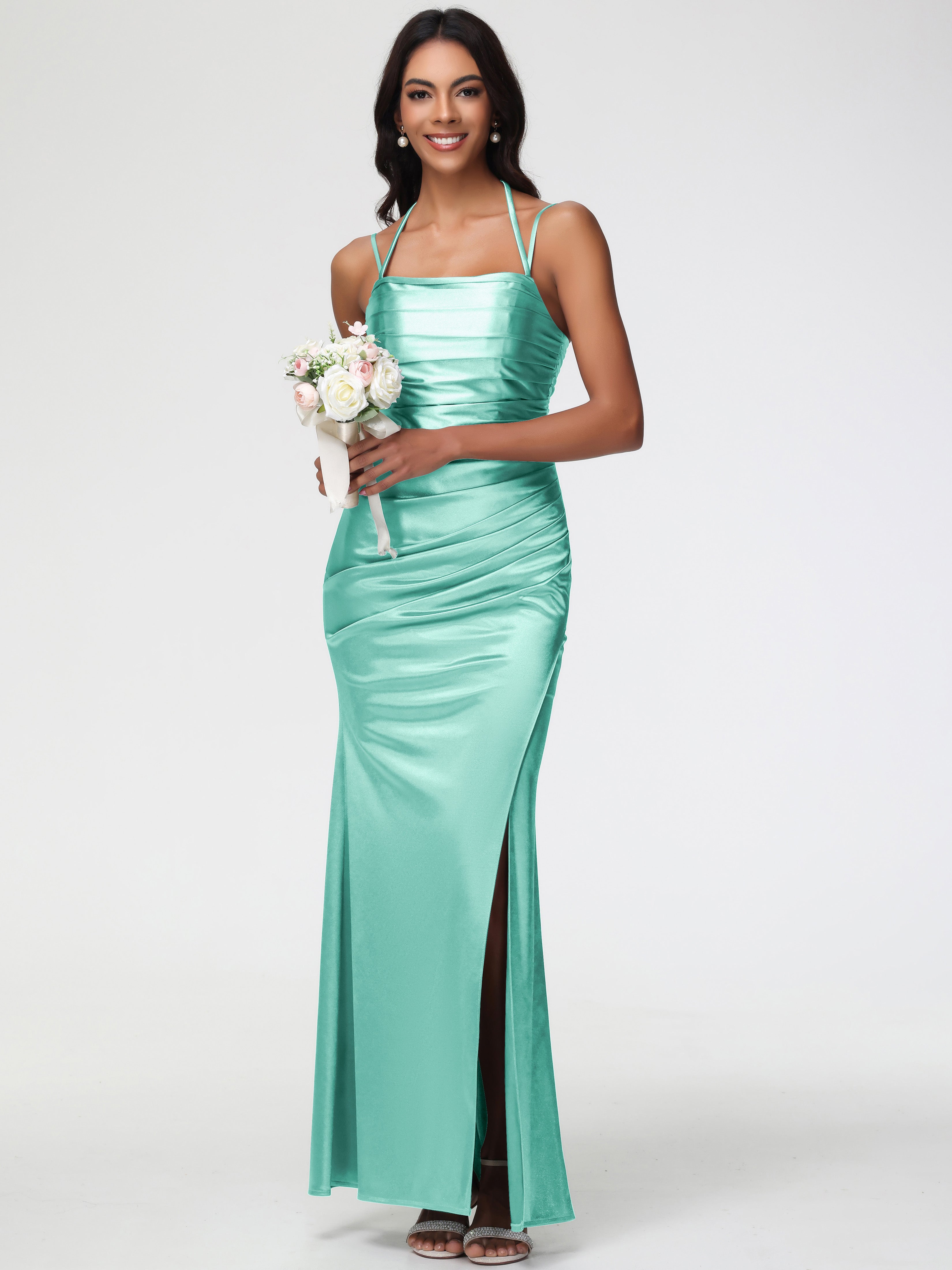 Robe Demoiselle D Honneur Vert Menthe Col Bénitier Satin Extensible Robe De Demoiselle D'Honneur À Fines Bretelles