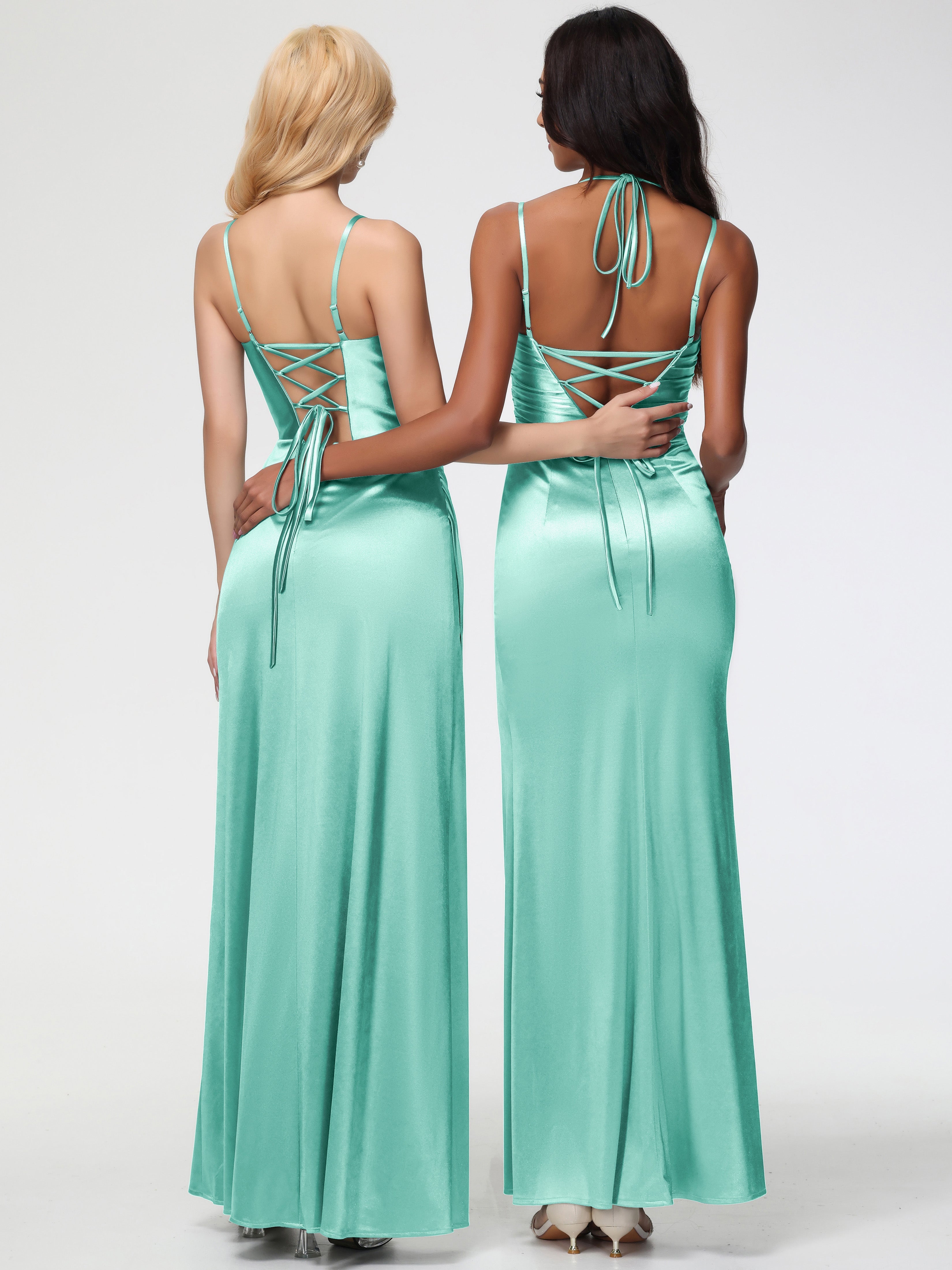 Robe Demoiselle D Honneur Vert Menthe Col Bénitier Satin Extensible Robe De Demoiselle D'Honneur À Fines Bretelles