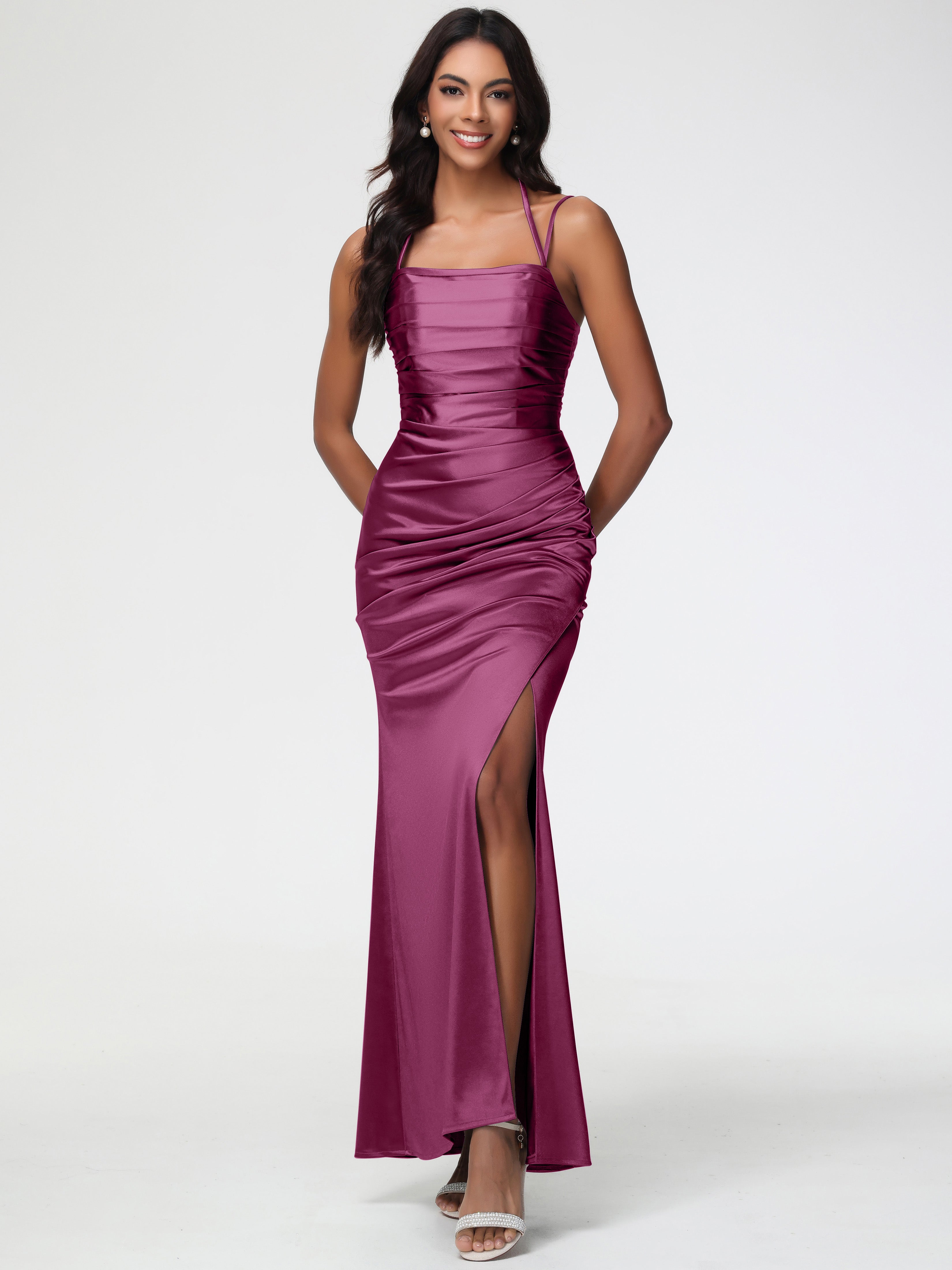 Robes De Demoiselle D'Honneur Mure Col Bénitier Satin Extensible Fendue Robe De Demoiselle D'Honneur À Fines Bretelles