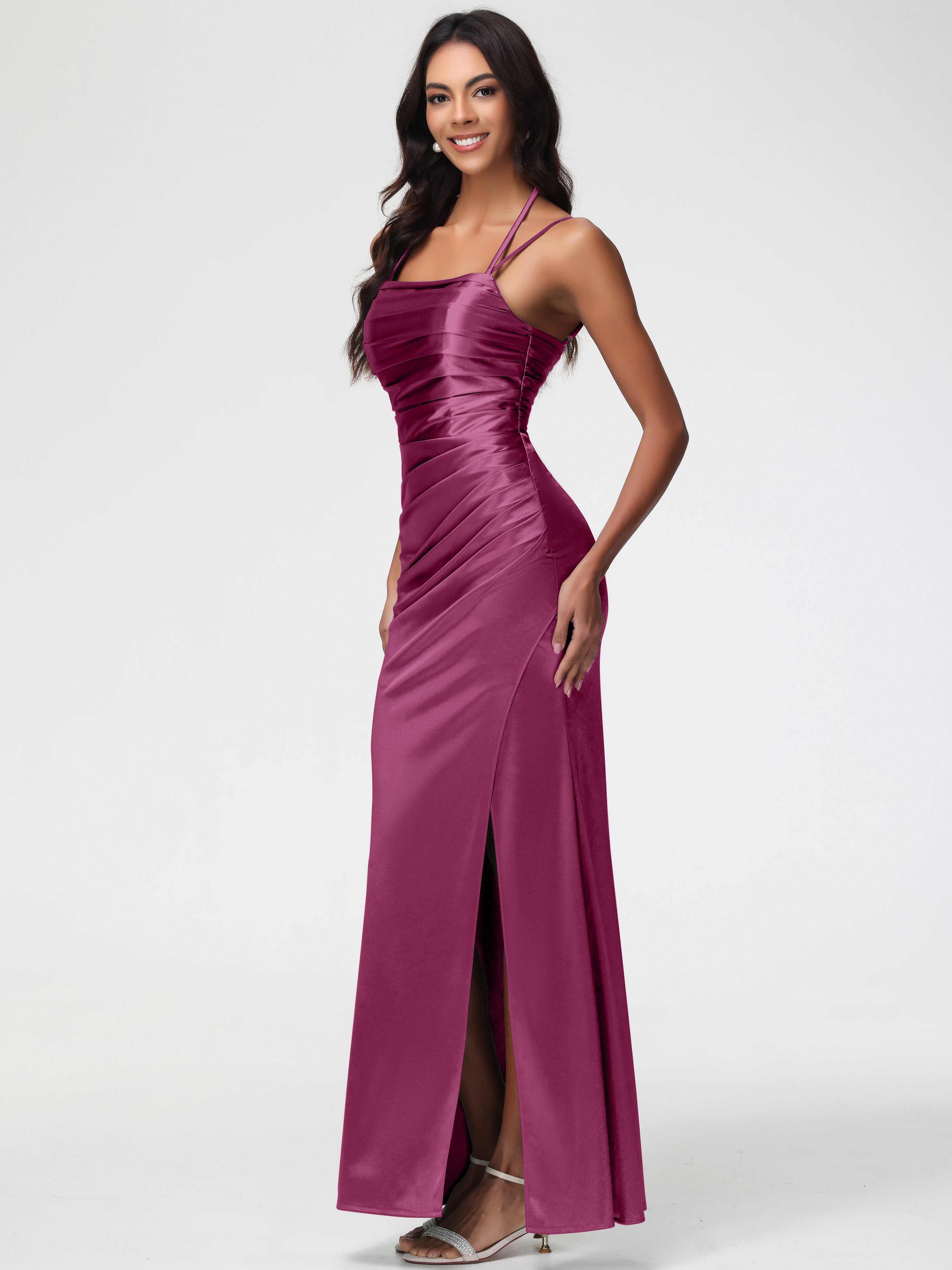 Robes De Demoiselle D'Honneur Mure Col Bénitier Satin Extensible Fendue Robe De Demoiselle D'Honneur À Fines Bretelles