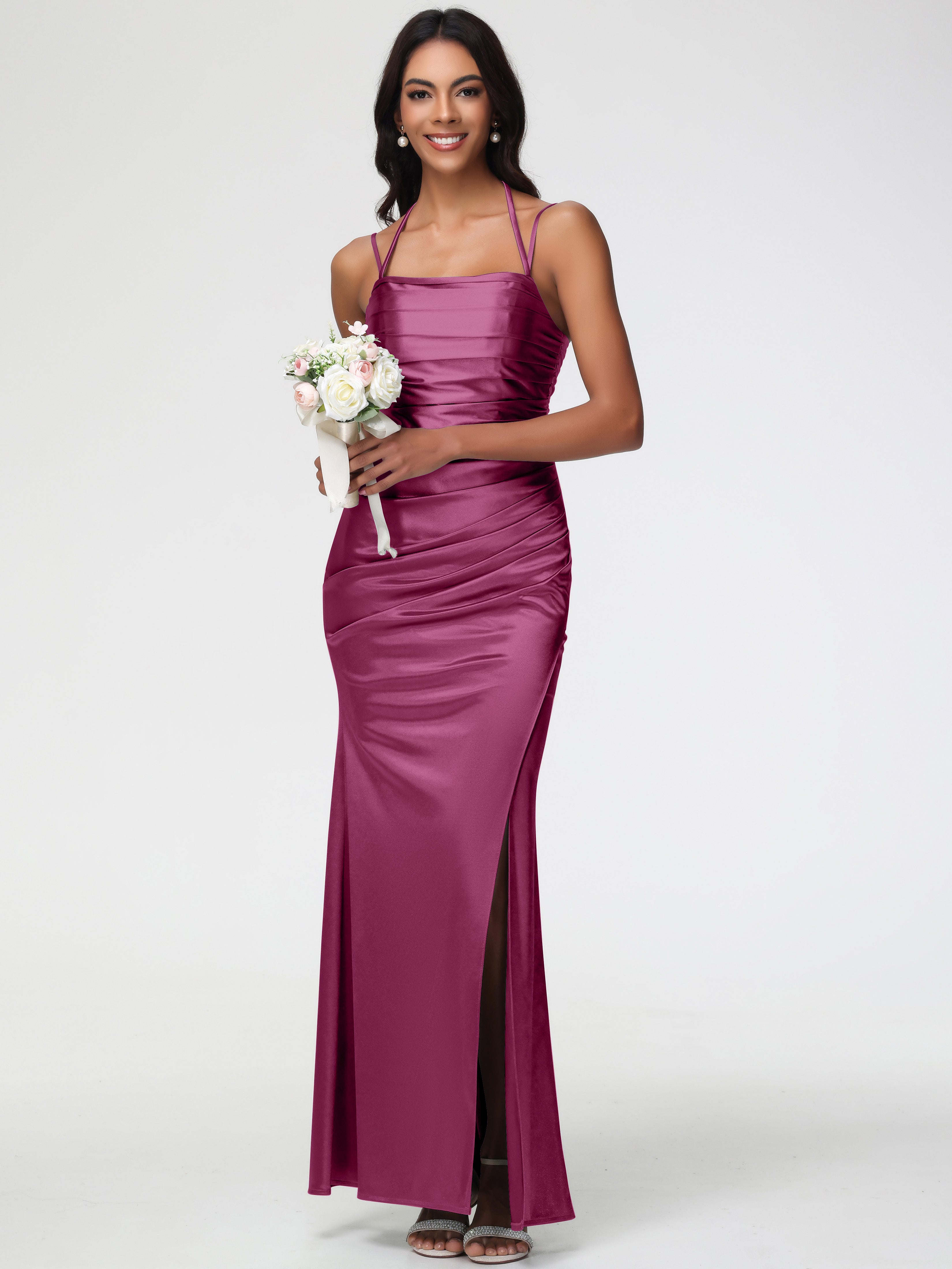 Robes De Demoiselle D'Honneur Mure Col Bénitier Satin Extensible Fendue Robe De Demoiselle D'Honneur À Fines Bretelles