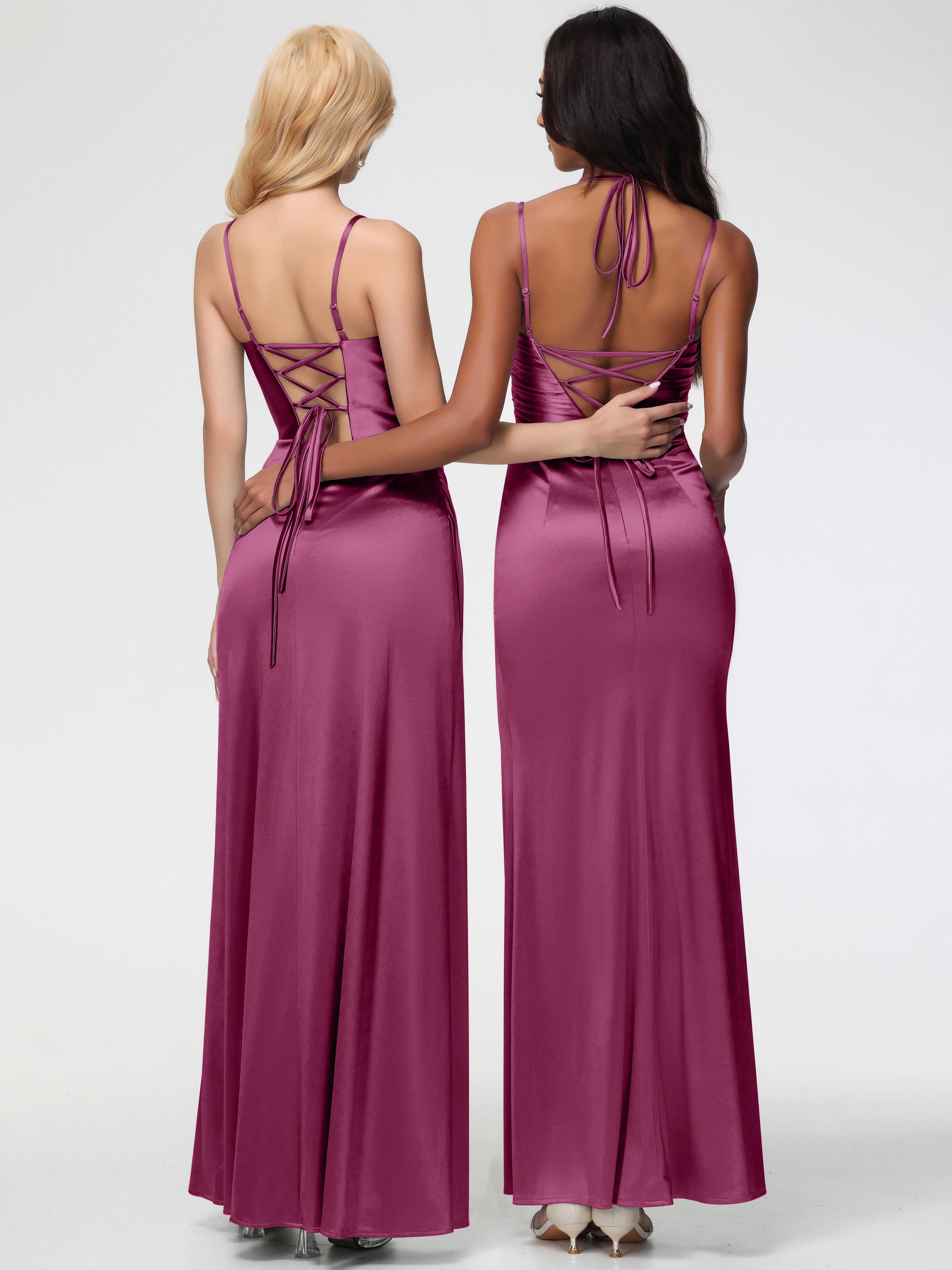 Robes De Demoiselle D'Honneur Mure Col Bénitier Satin Extensible Fendue Robe De Demoiselle D'Honneur À Fines Bretelles