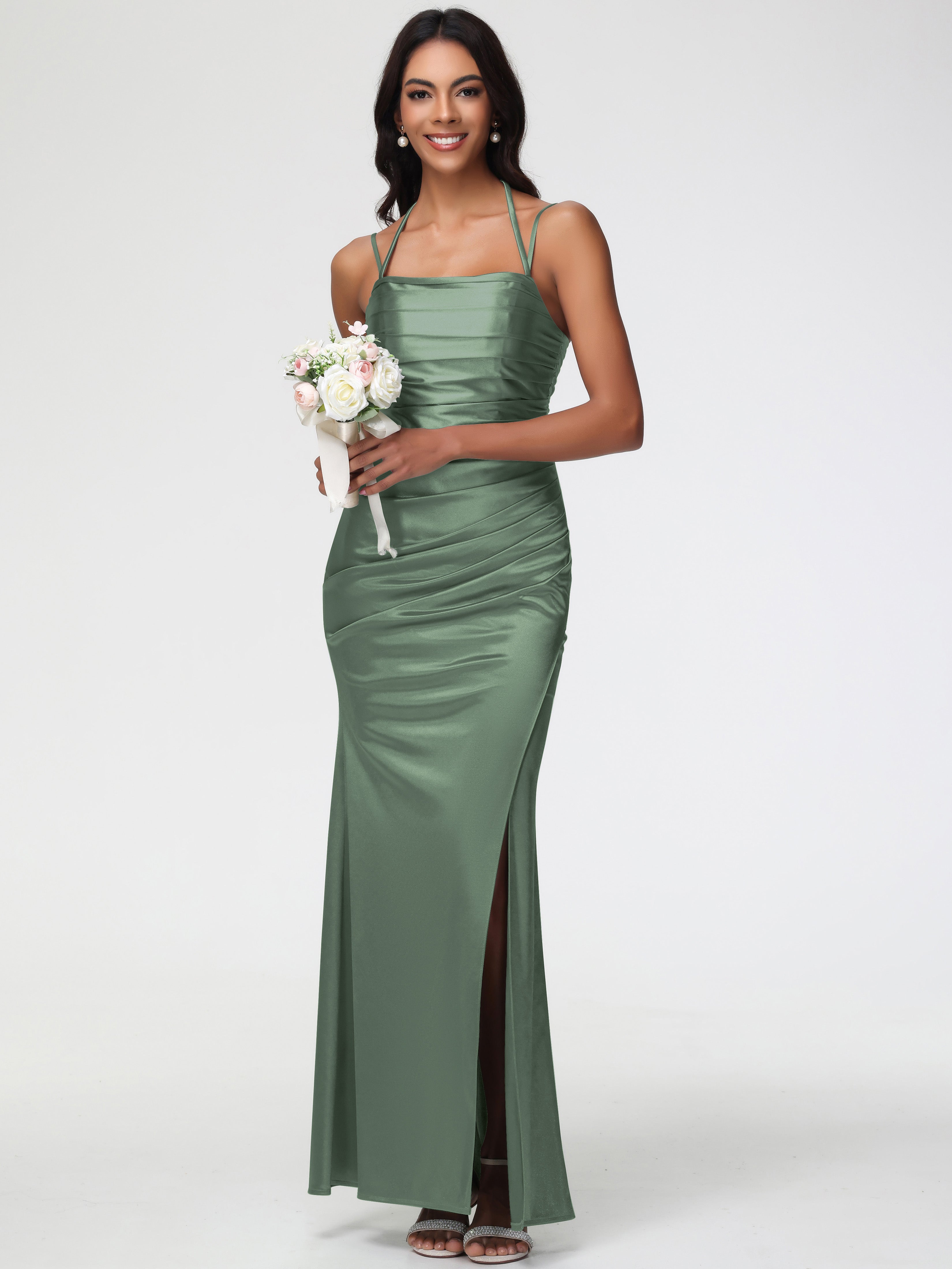 Robe Demoiselle D Honneur Olive Col Bénitier Satin Extensible Robe De Demoiselle D'Honneur À Fines Bretelles