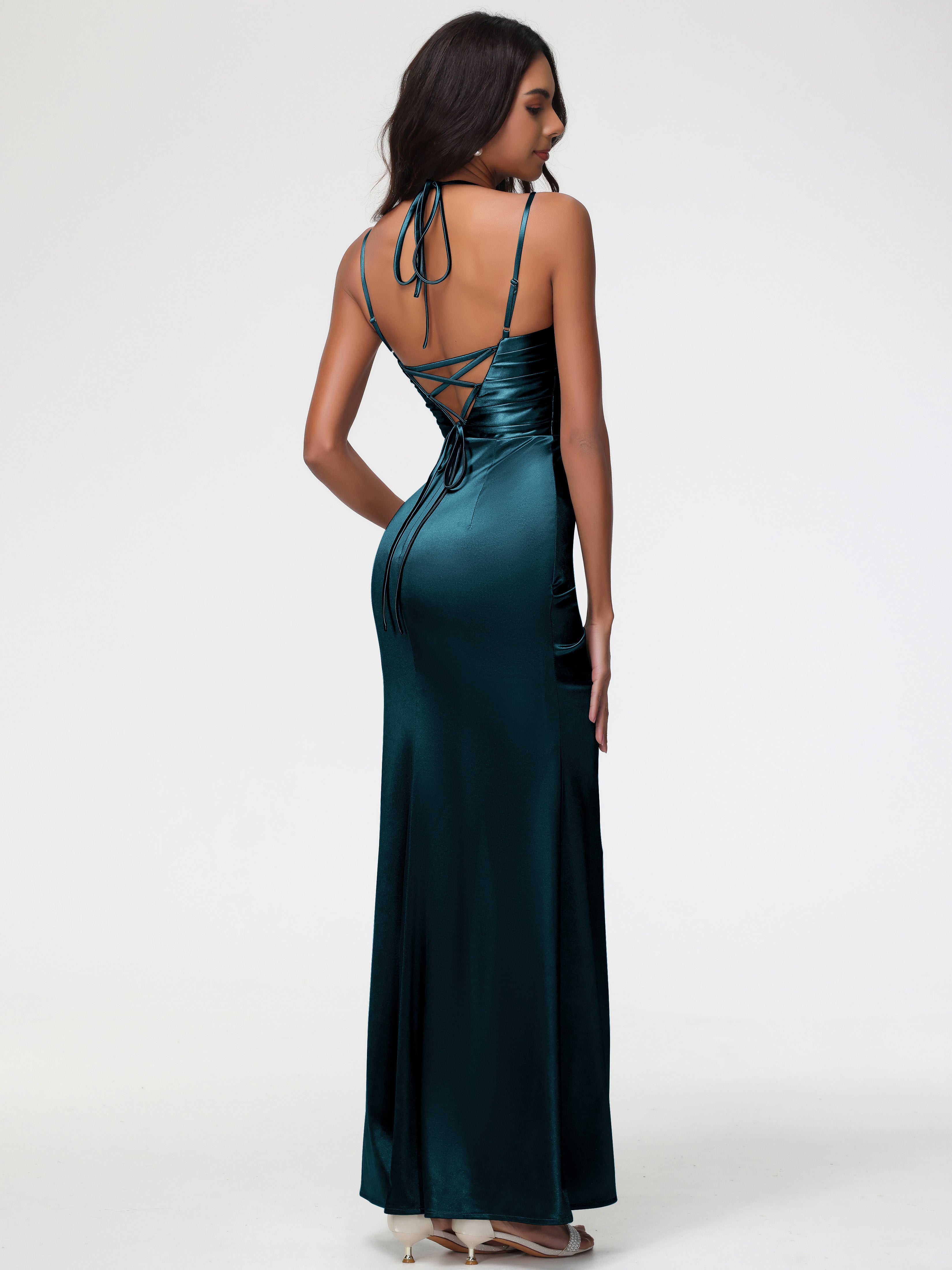 Robes De Demoiselle D'Honneur Bleu Paon Col Bénitier Satin Extensible Fendue Robe De Demoiselle D'Honneur À Fines Bretelles