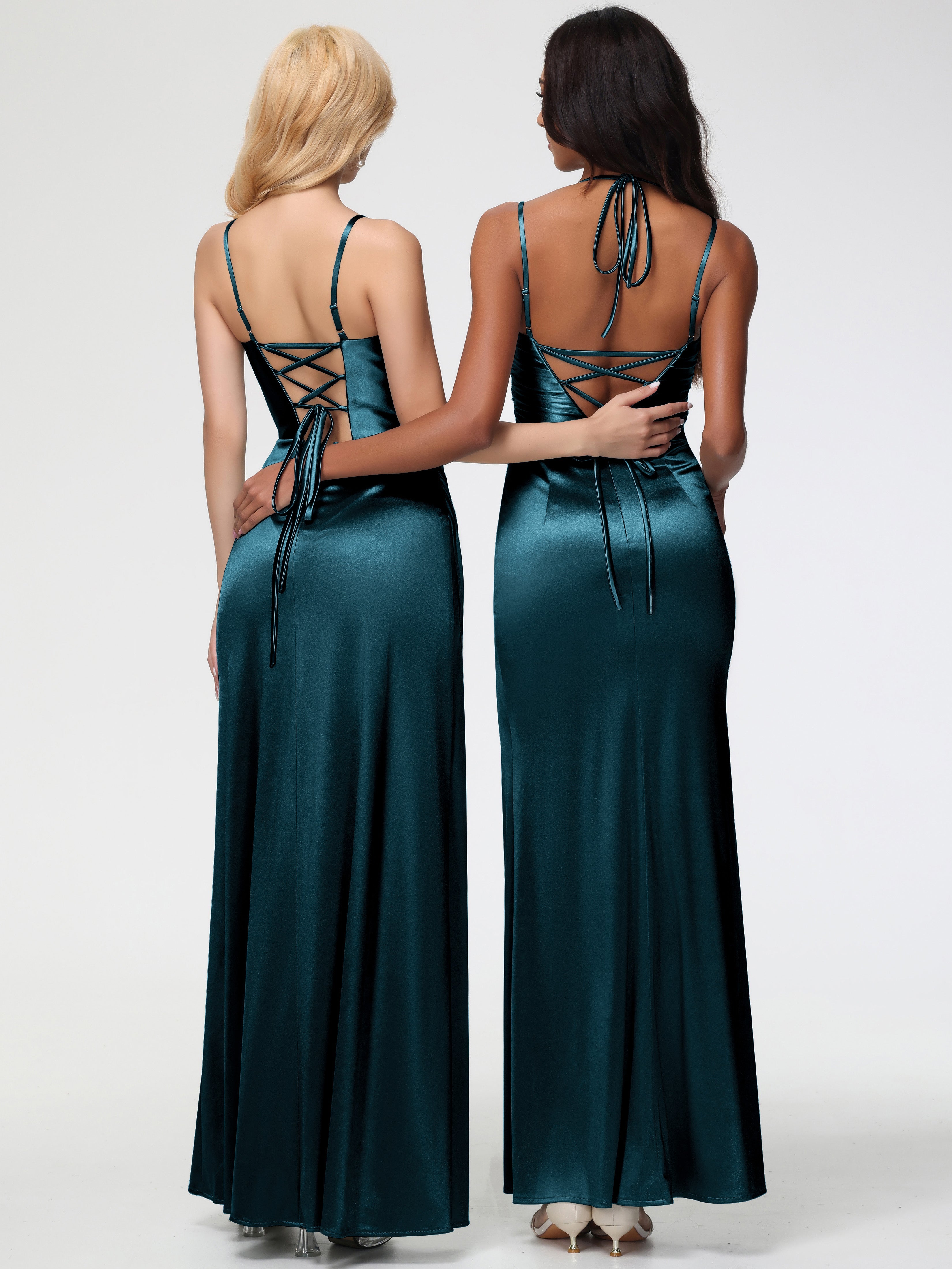 Robes De Demoiselle D'Honneur Bleu Paon Col Bénitier Satin Extensible Fendue Robe De Demoiselle D'Honneur À Fines Bretelles