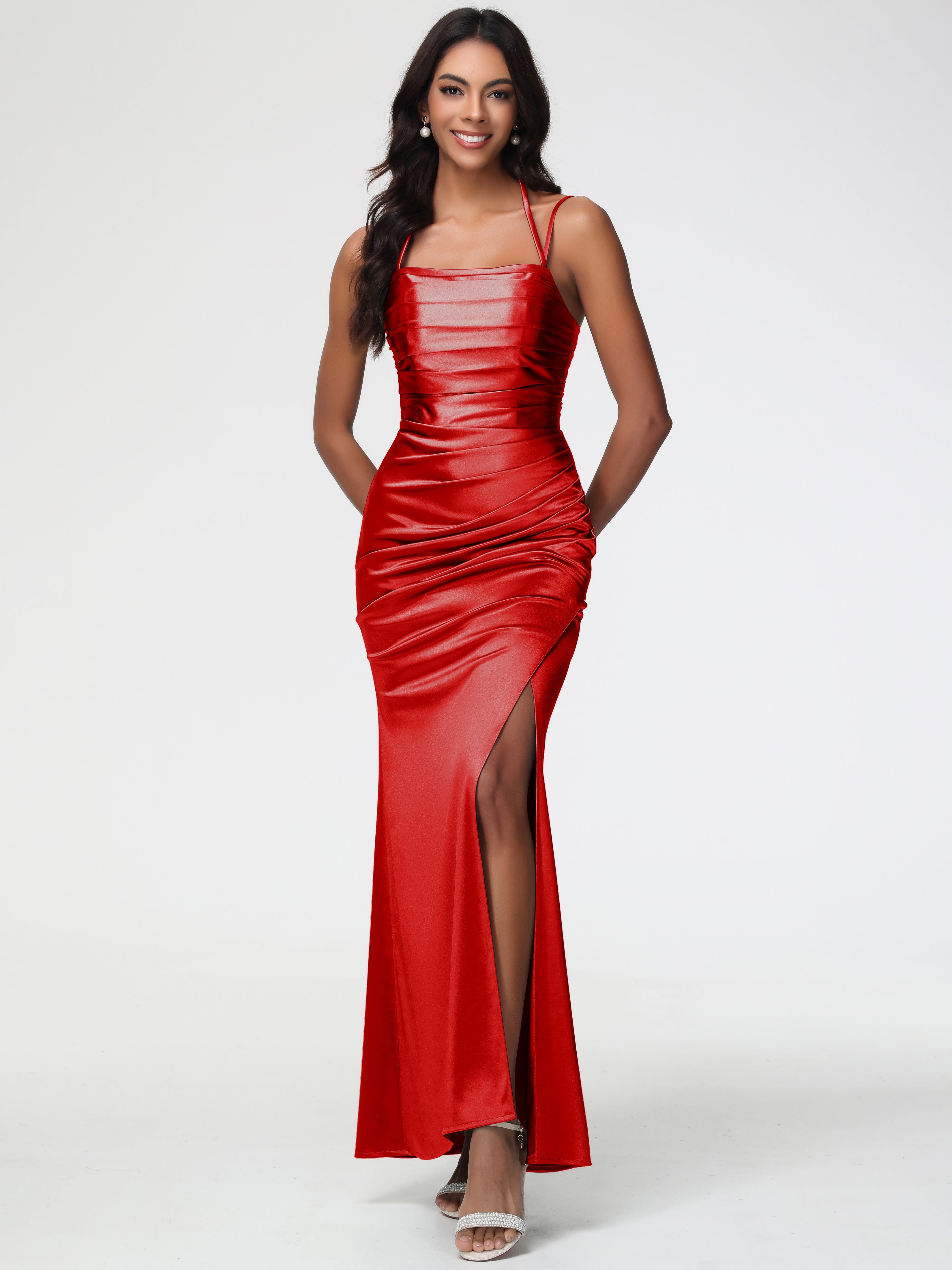 Robe De Demoiselle D Honneur Rouge Col Bénitier Satin Extensible Fendue Robe De Demoiselle D'Honneur À Fines Bretelles