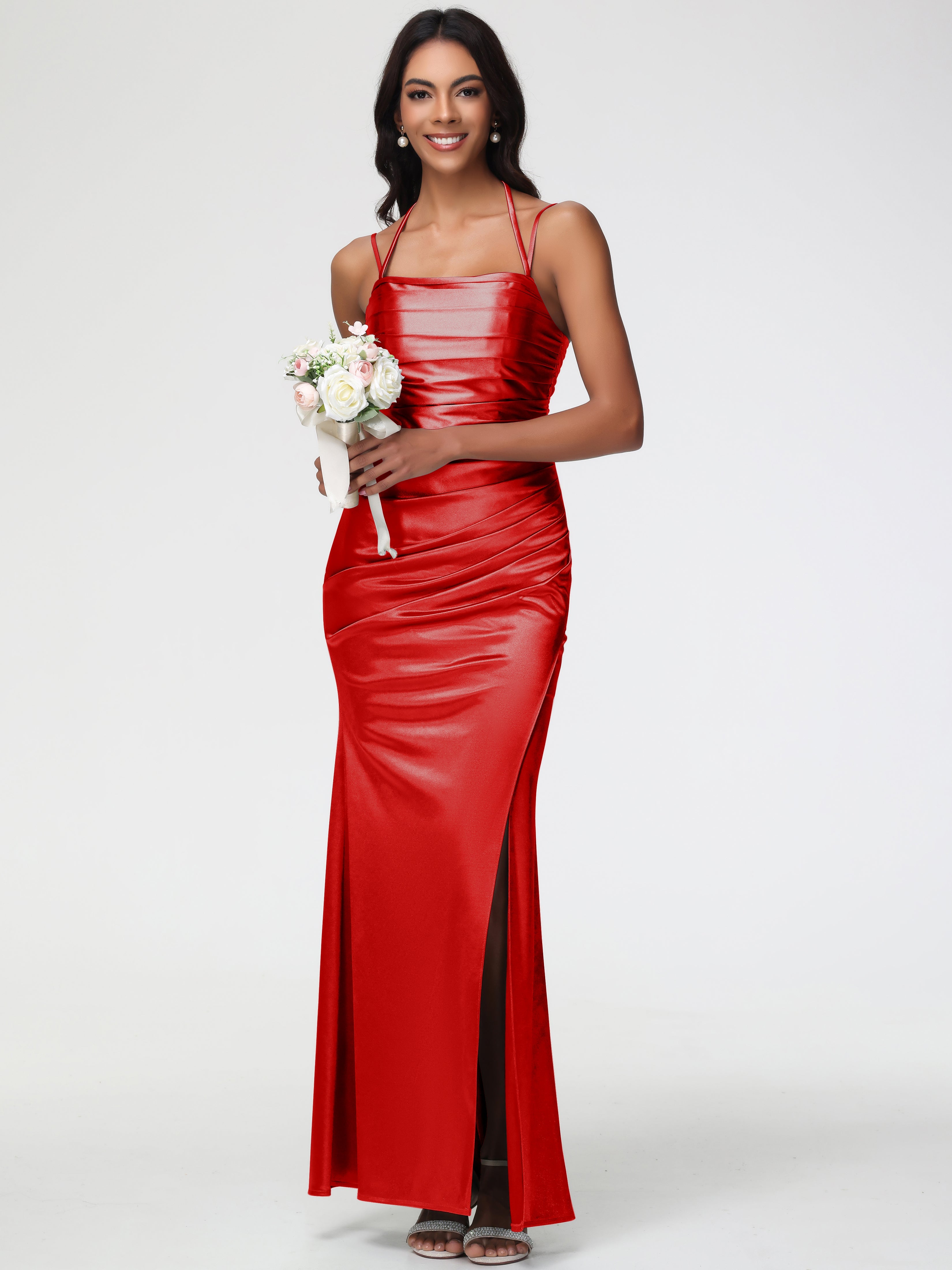 Robe De Demoiselle D Honneur Rouge Col Bénitier Satin Extensible Fendue Robe De Demoiselle D'Honneur À Fines Bretelles