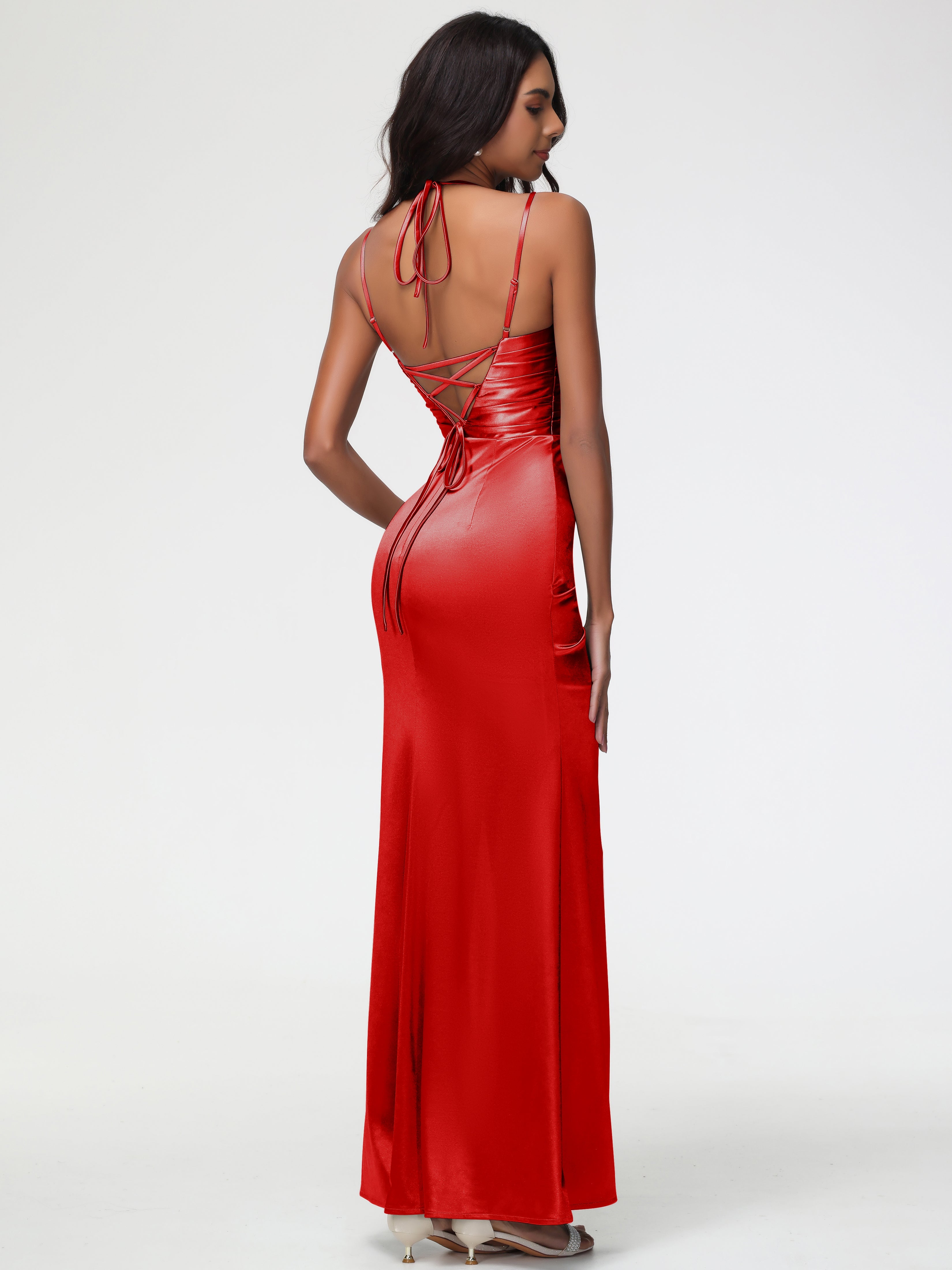 Robe De Demoiselle D Honneur Rouge Col Bénitier Satin Extensible Fendue Robe De Demoiselle D'Honneur À Fines Bretelles