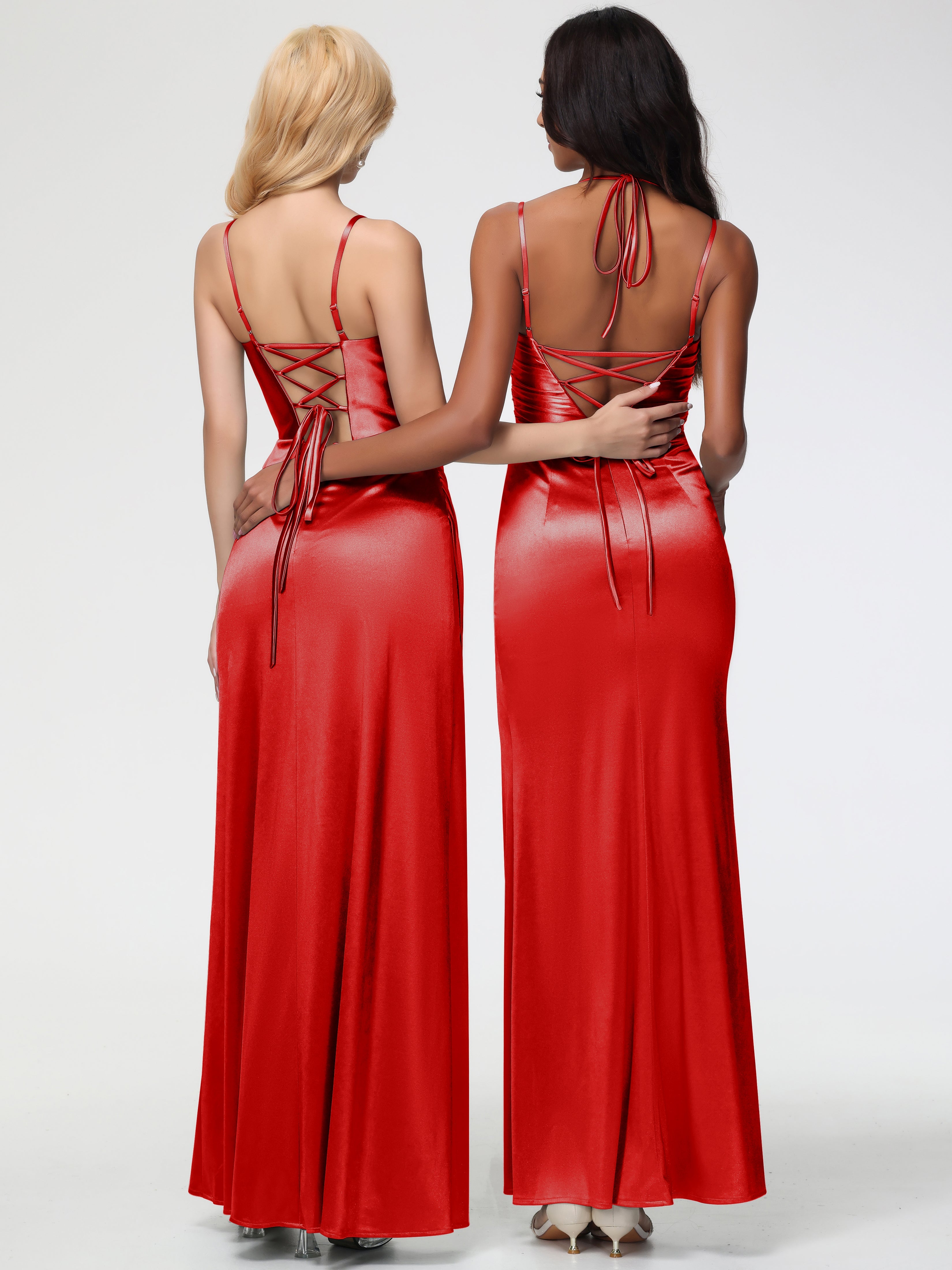 Robe De Demoiselle D Honneur Rouge Col Bénitier Satin Extensible Fendue Robe De Demoiselle D'Honneur À Fines Bretelles