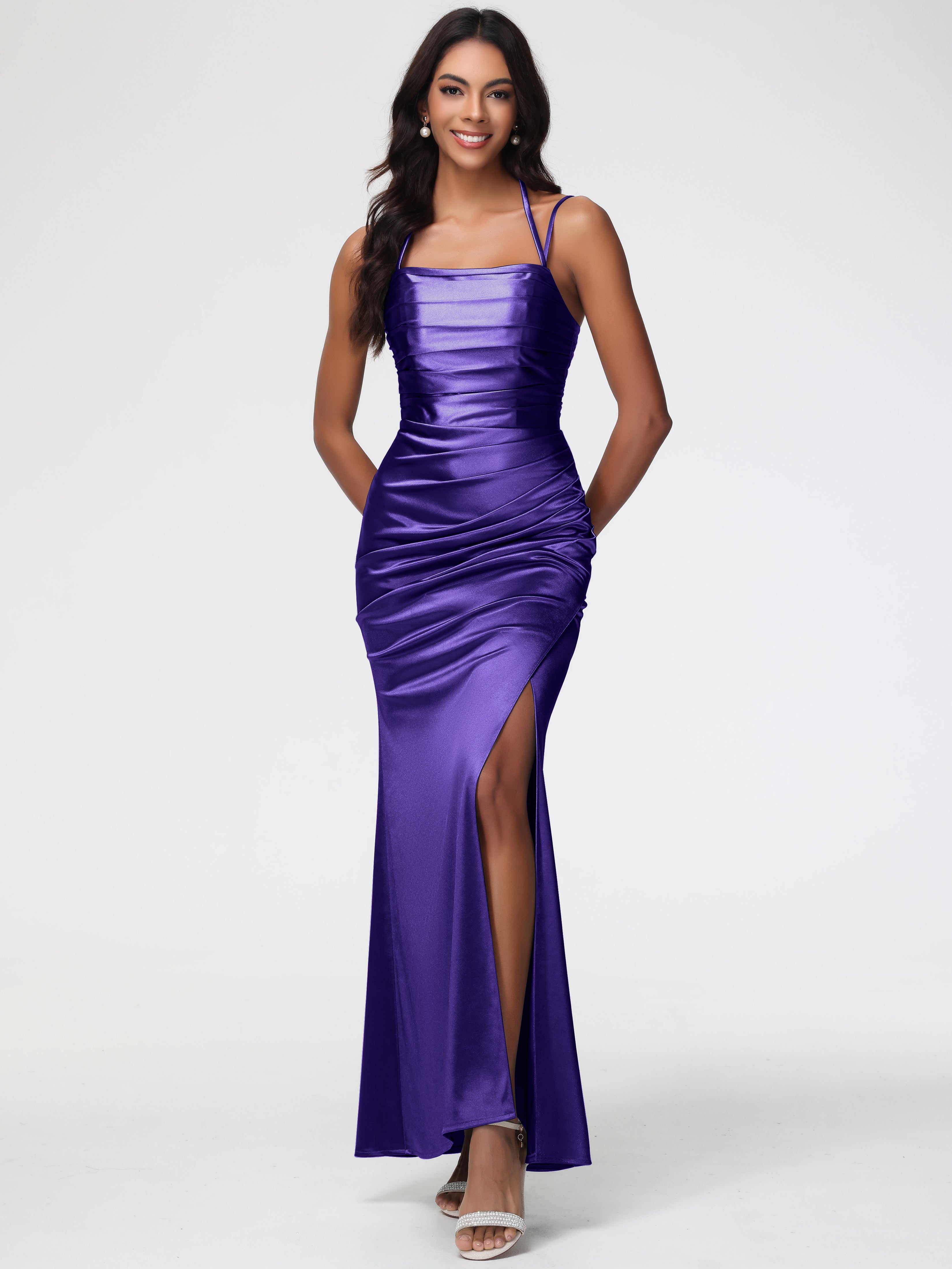 Robes De Demoiselle D'Honneur Régence Col Bénitier Satin Extensible Fendue Robe De Demoiselle D'Honneur À Fines Bretelles